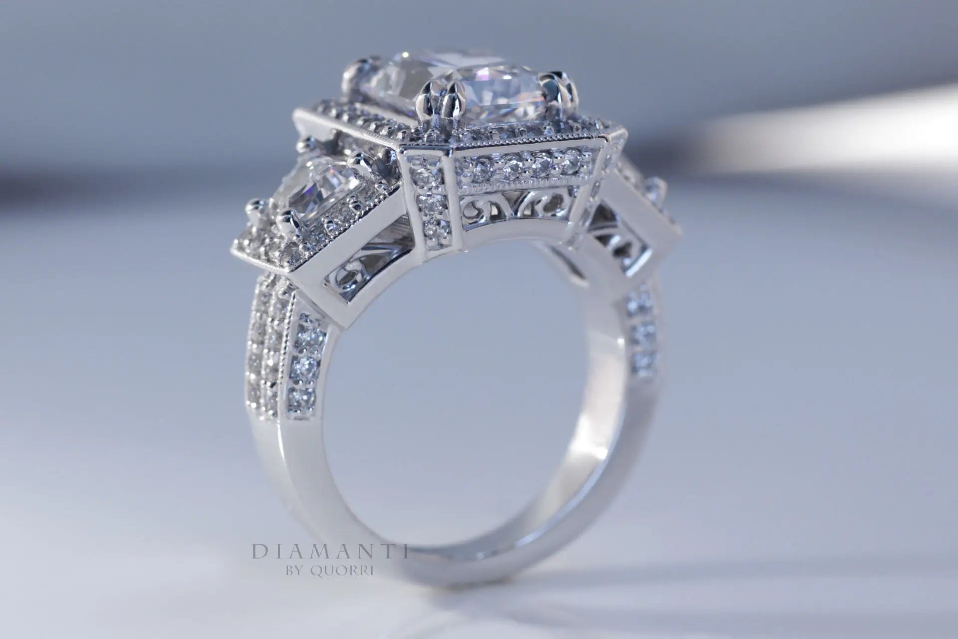 white gold dual claw radiant halo 3 stone lab diamond engagement ring