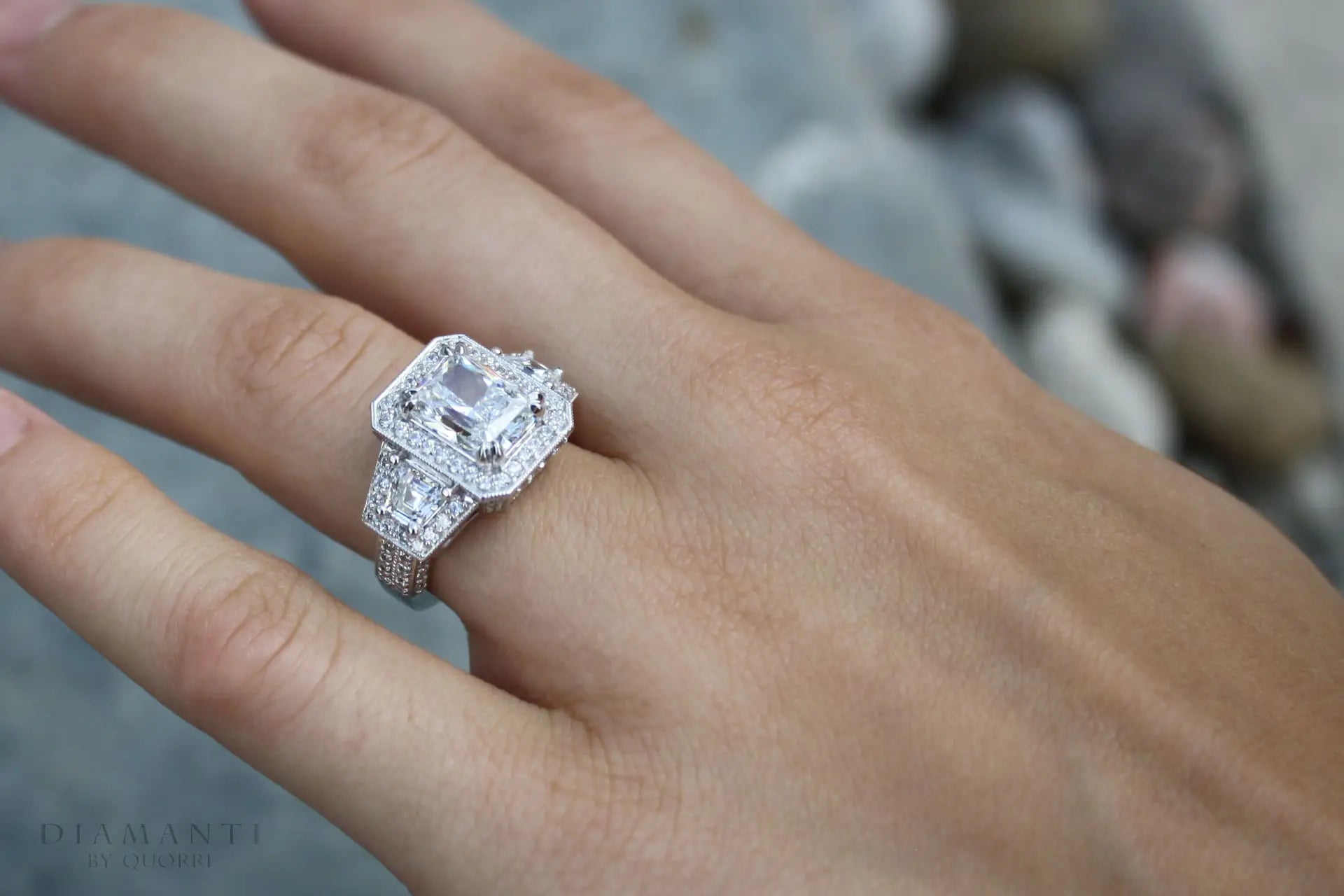dual claw 4.5ct radiant halo 3 stone lab grown diamond engagement ring Quorri