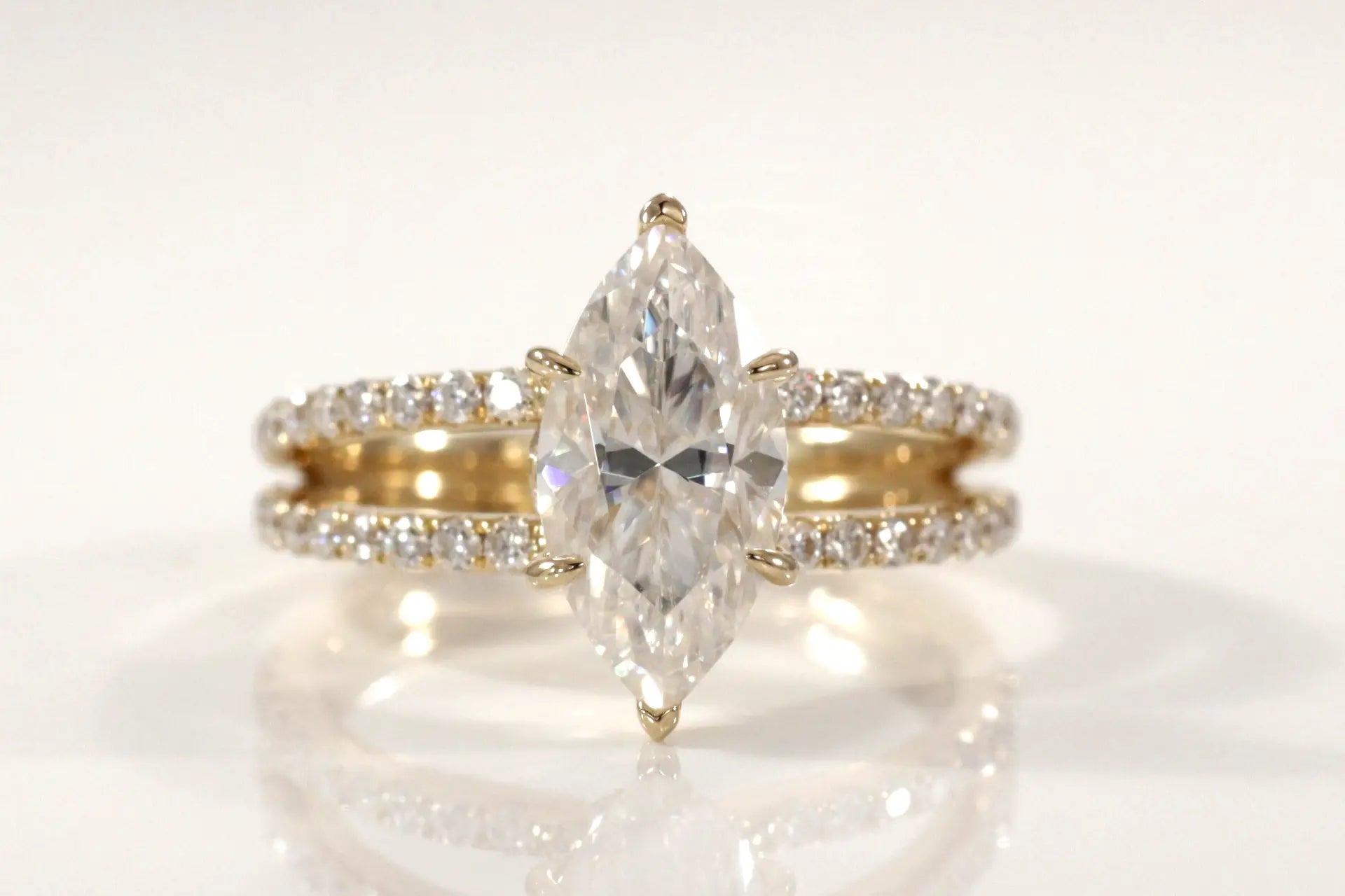 designer accented 18k yellow gold 2.00 carat marquise lab created diamond engagement ring Quorri