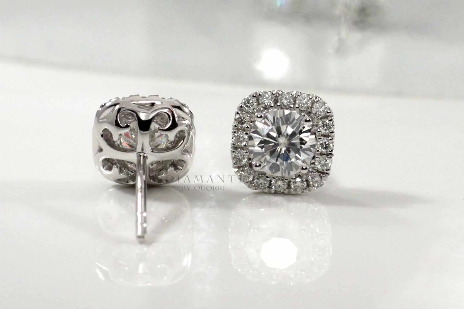 platinum designer cushion halo lab diamond stud earrings Quorri