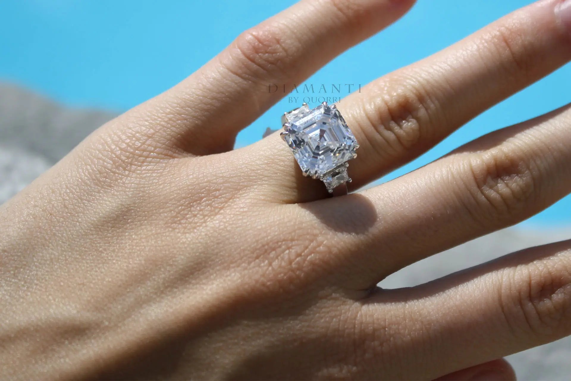designer dual claw three stone 4 carat Asscher platinum lab diamond engagement ring Quorri