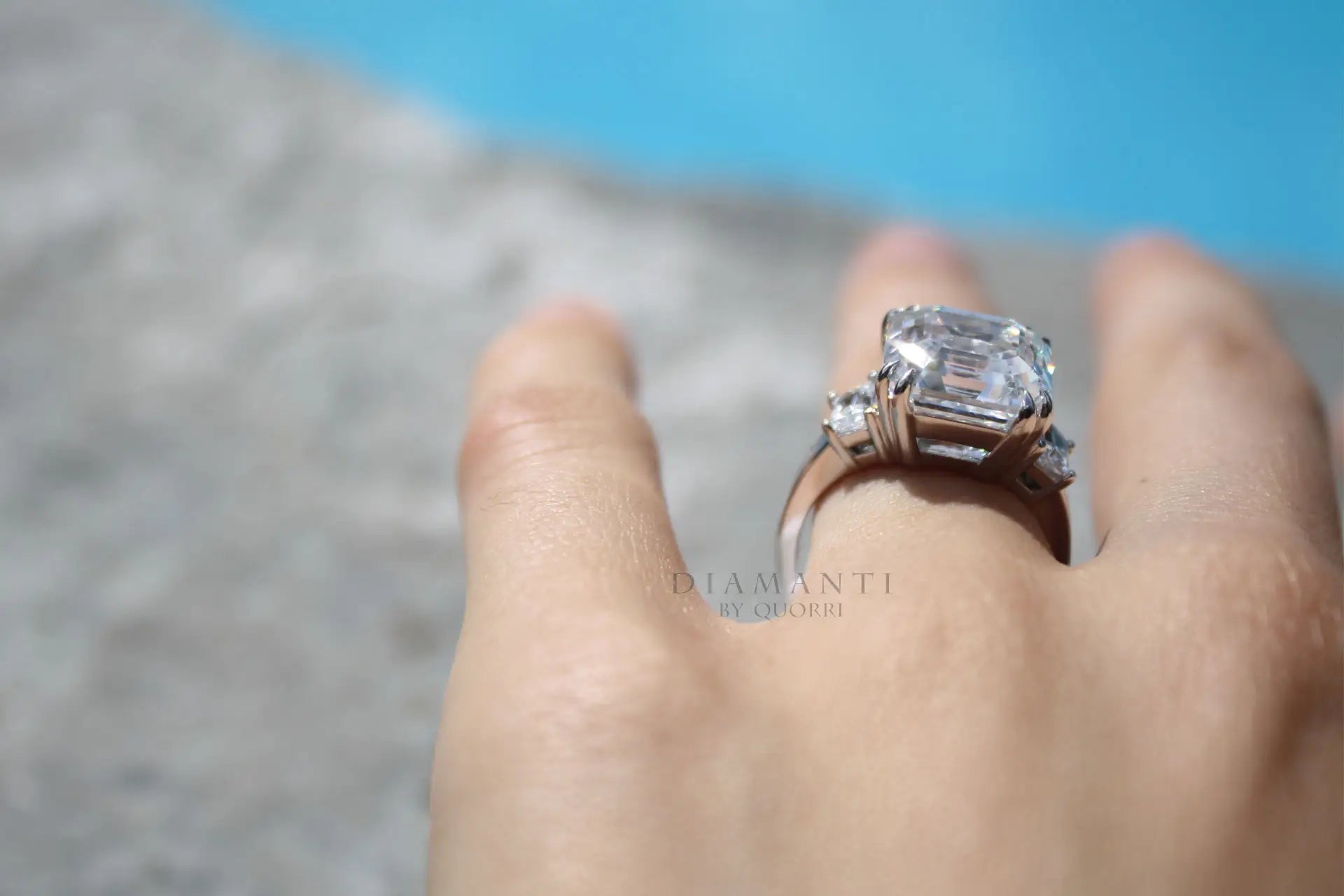 affordable designer dual claw three stone 3 carat 18k Asscher lab diamond engagement ring Quorri