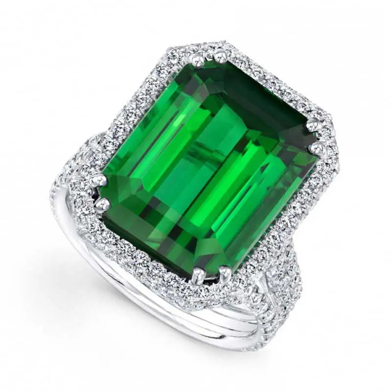 dual prong green emerald halo white gold engagement ring