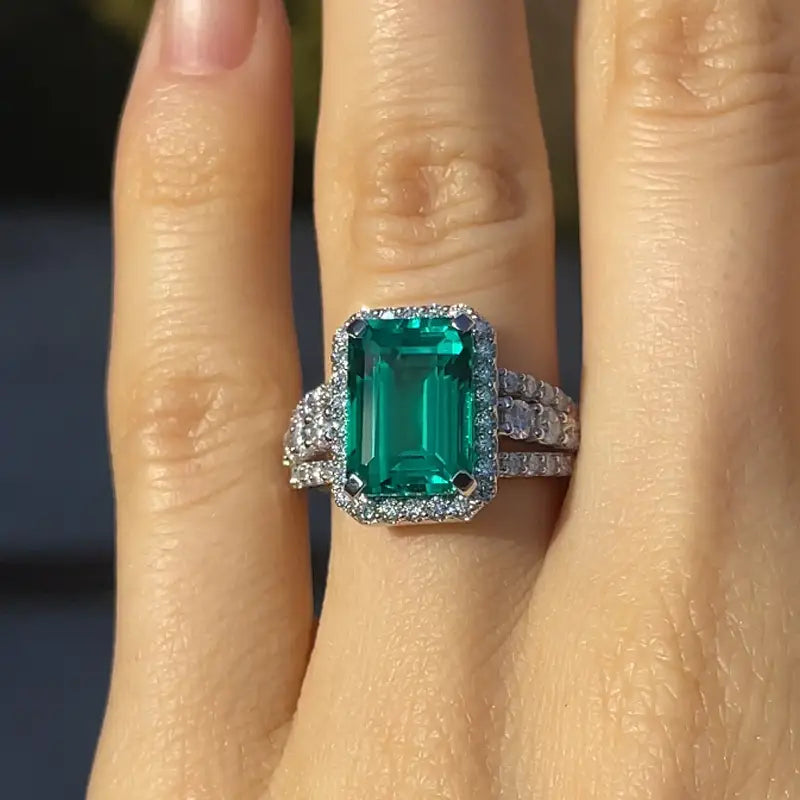 affordable green cultured lab grown emerald halo engagement ring Quorri