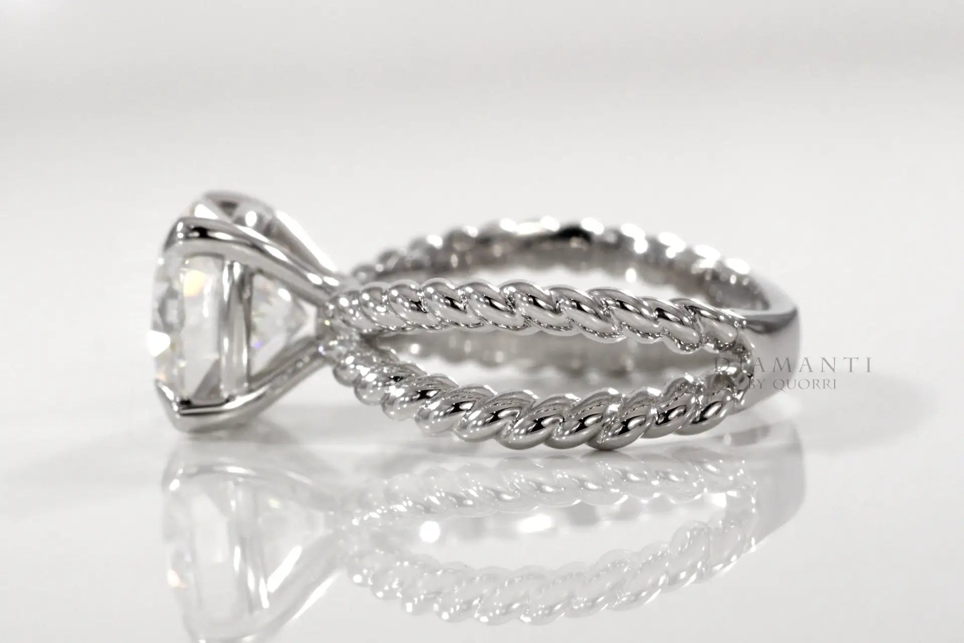 claw prong dual rope band 14k white gold 2 carat cushion lab diamond engagement ring Quorri