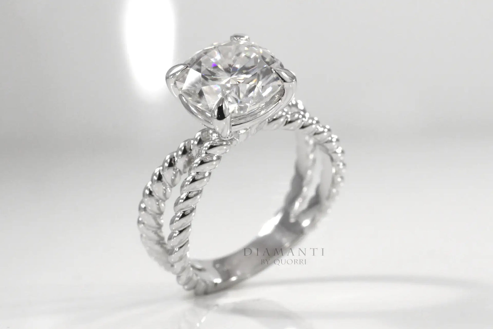 claw prong dual rope band 18k white gold cushion lab diamond engagement ring Quorri