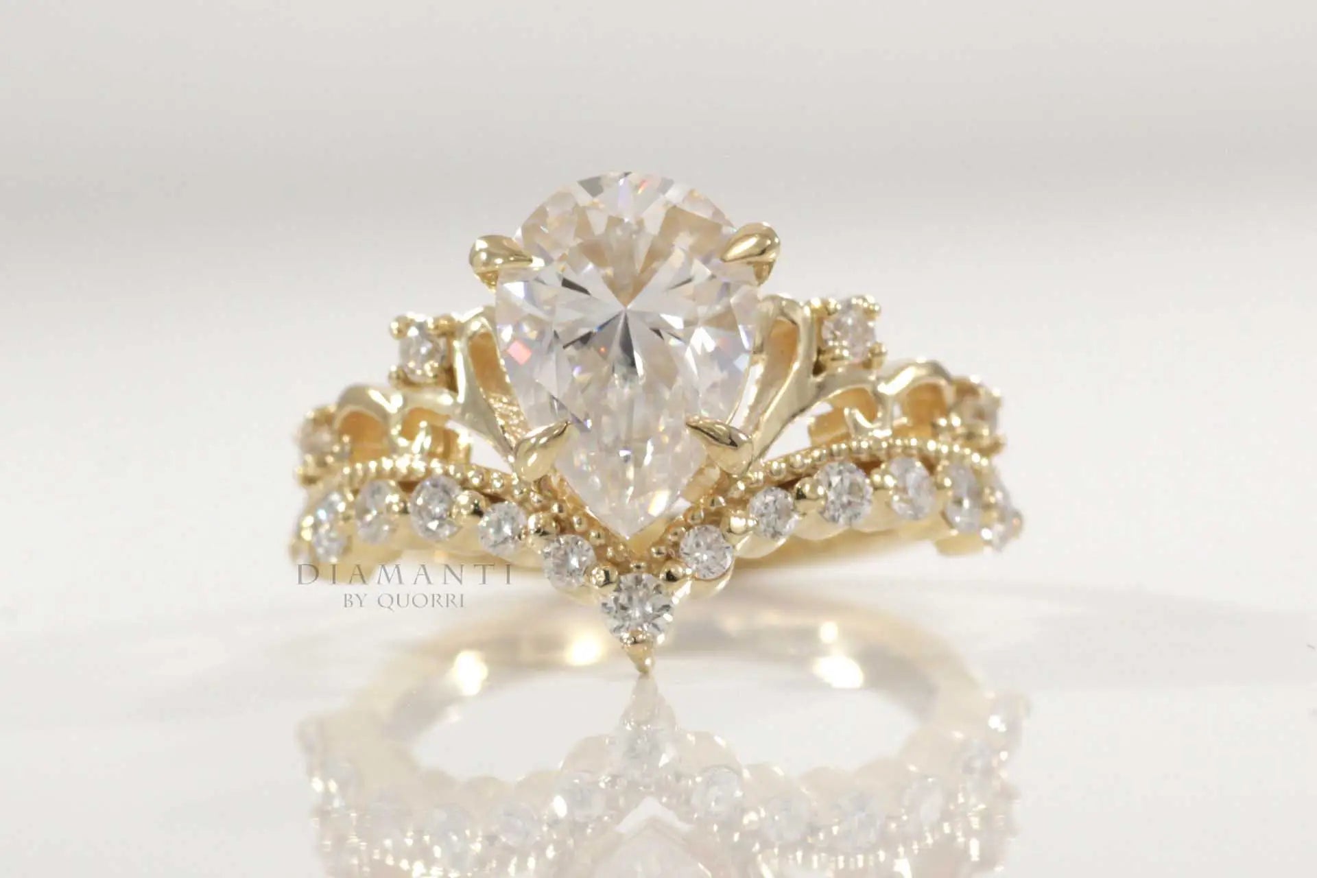 18k yellow designer antique claw prong 3 carat pear lab diamond engagement ring Quorri