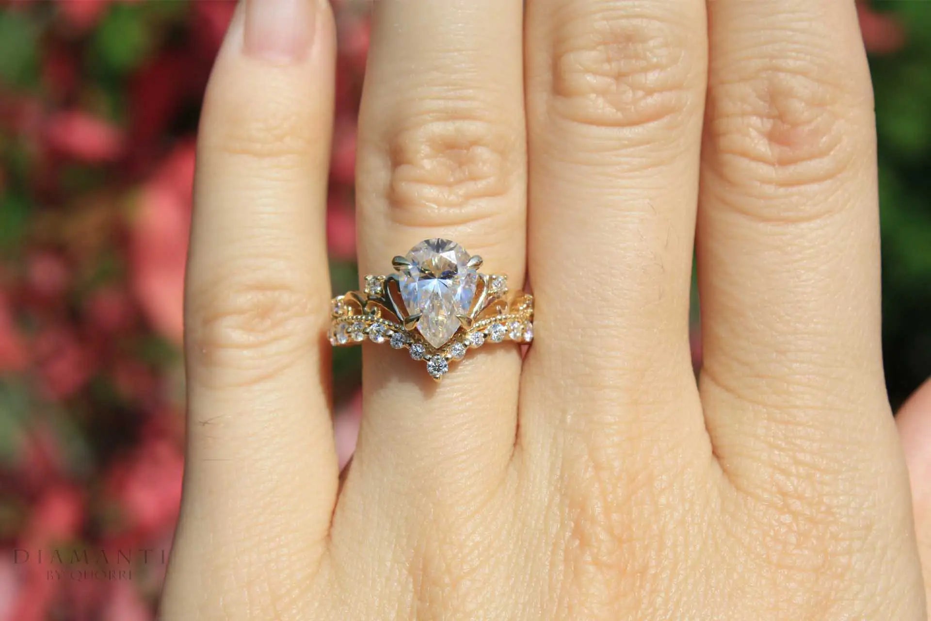 yellow gold designer vintage antique claw prong pear lab diamond engagement ring Quorri Canada