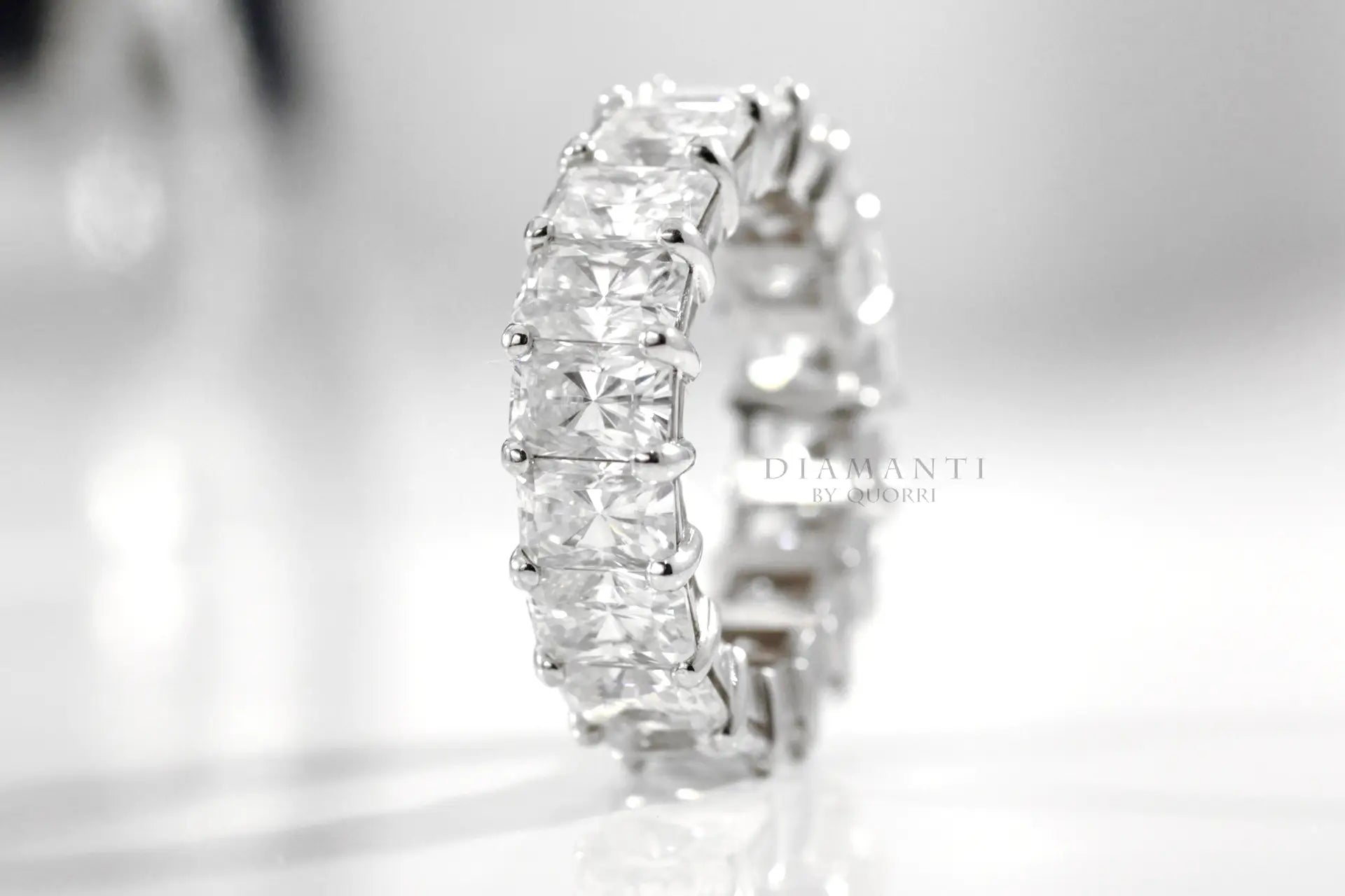 designer 18k white gold 4 carat radiant cut lab grown diamond eternity anniversary and wedding ring Quorri Canada