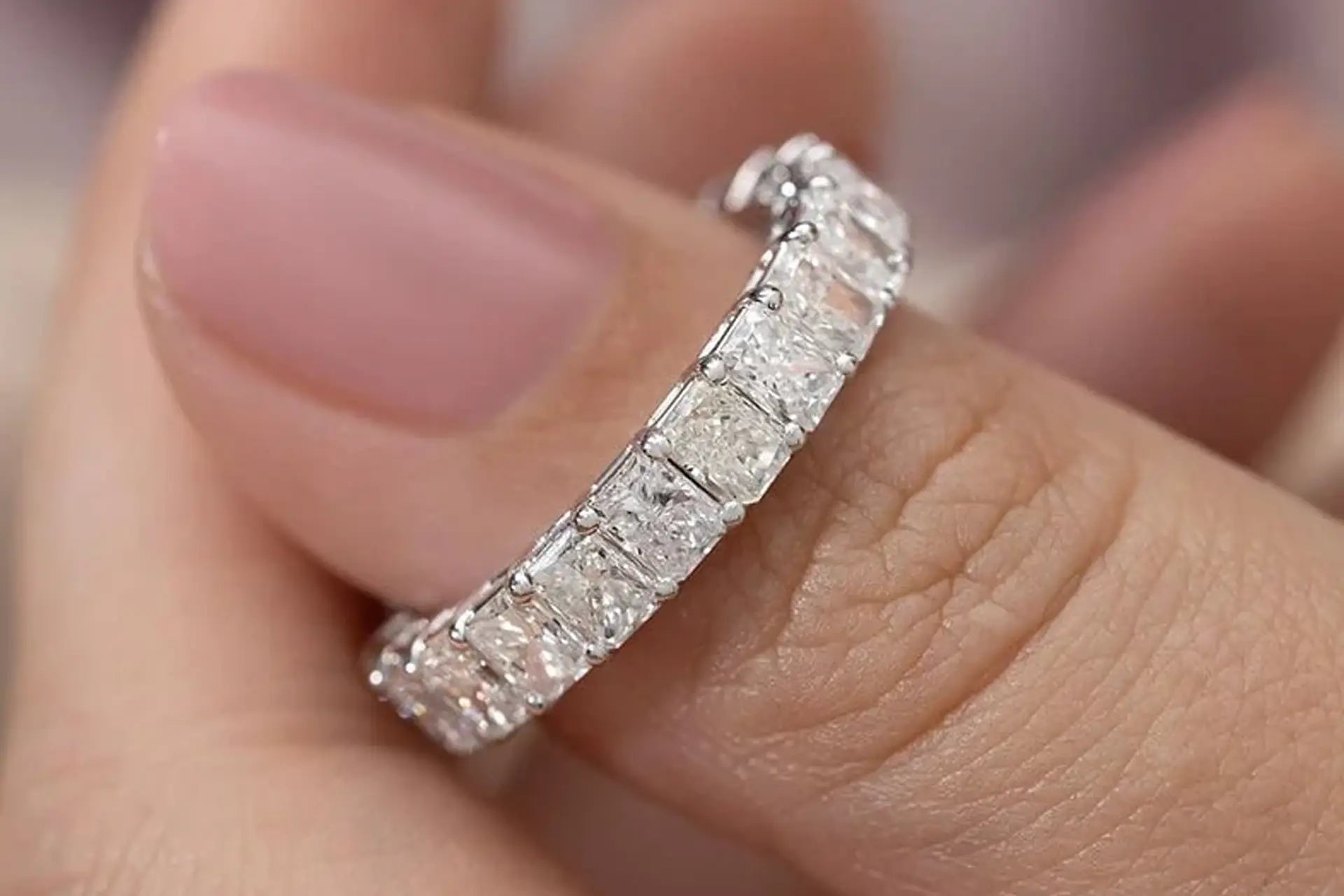 designer 14k white gold 3 carat radiant cut lab diamond eternity wedding and anniversary ring Quorri Canada