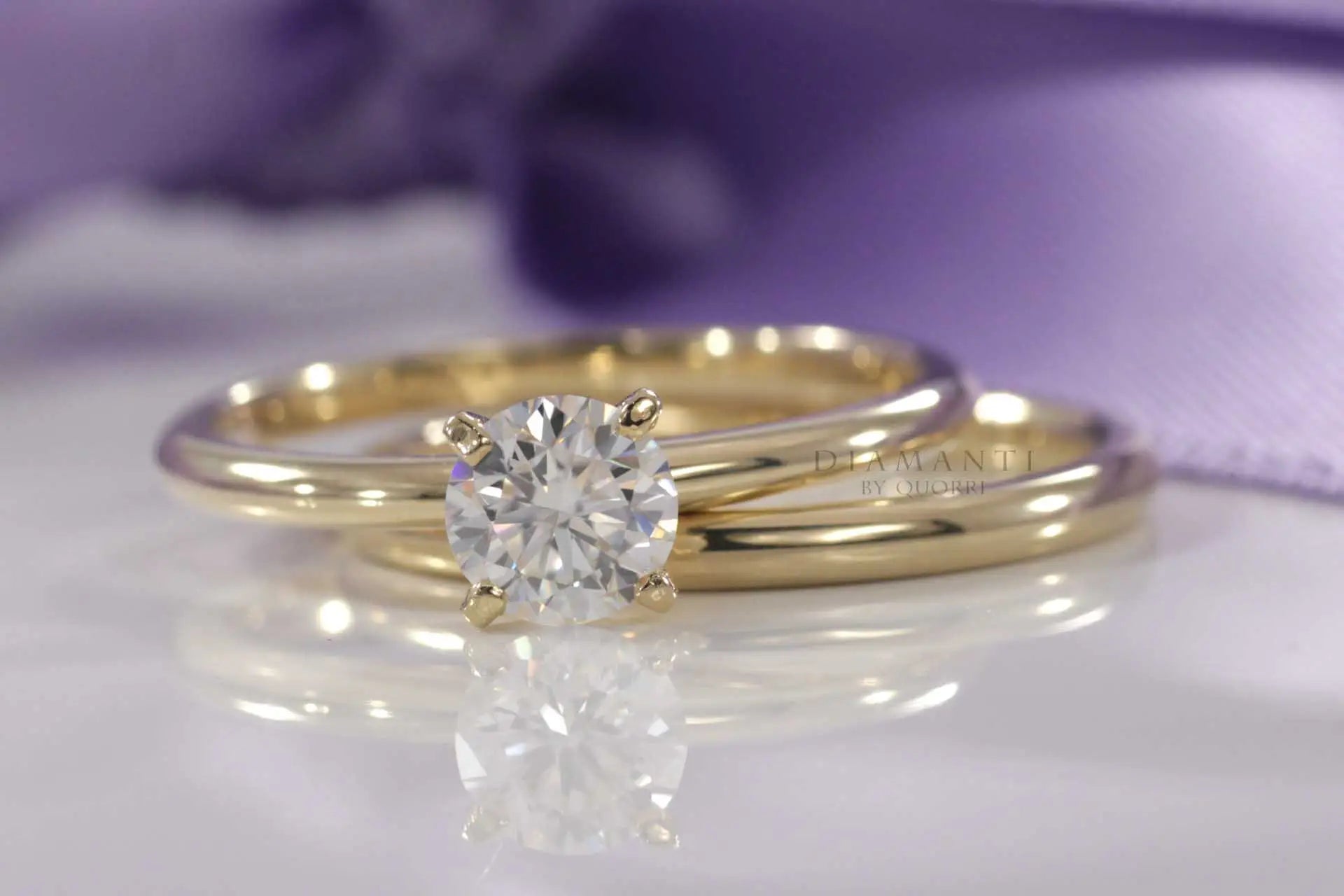 affordable 18k yellow gold lab grown diamond engagement ring set Quorri