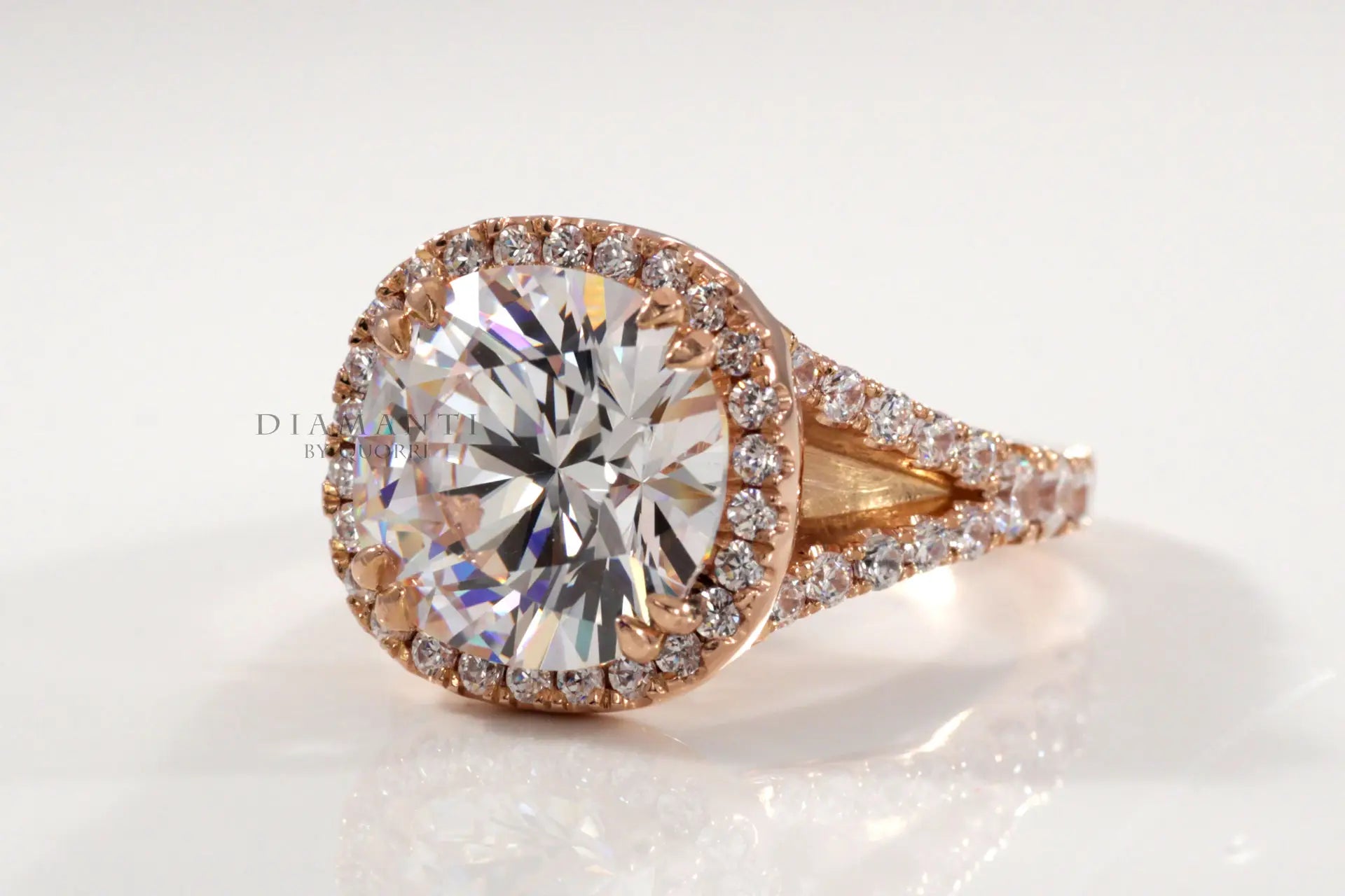 rose gold split band affordable accented dual claw cushion halo lab diamond engagement ring