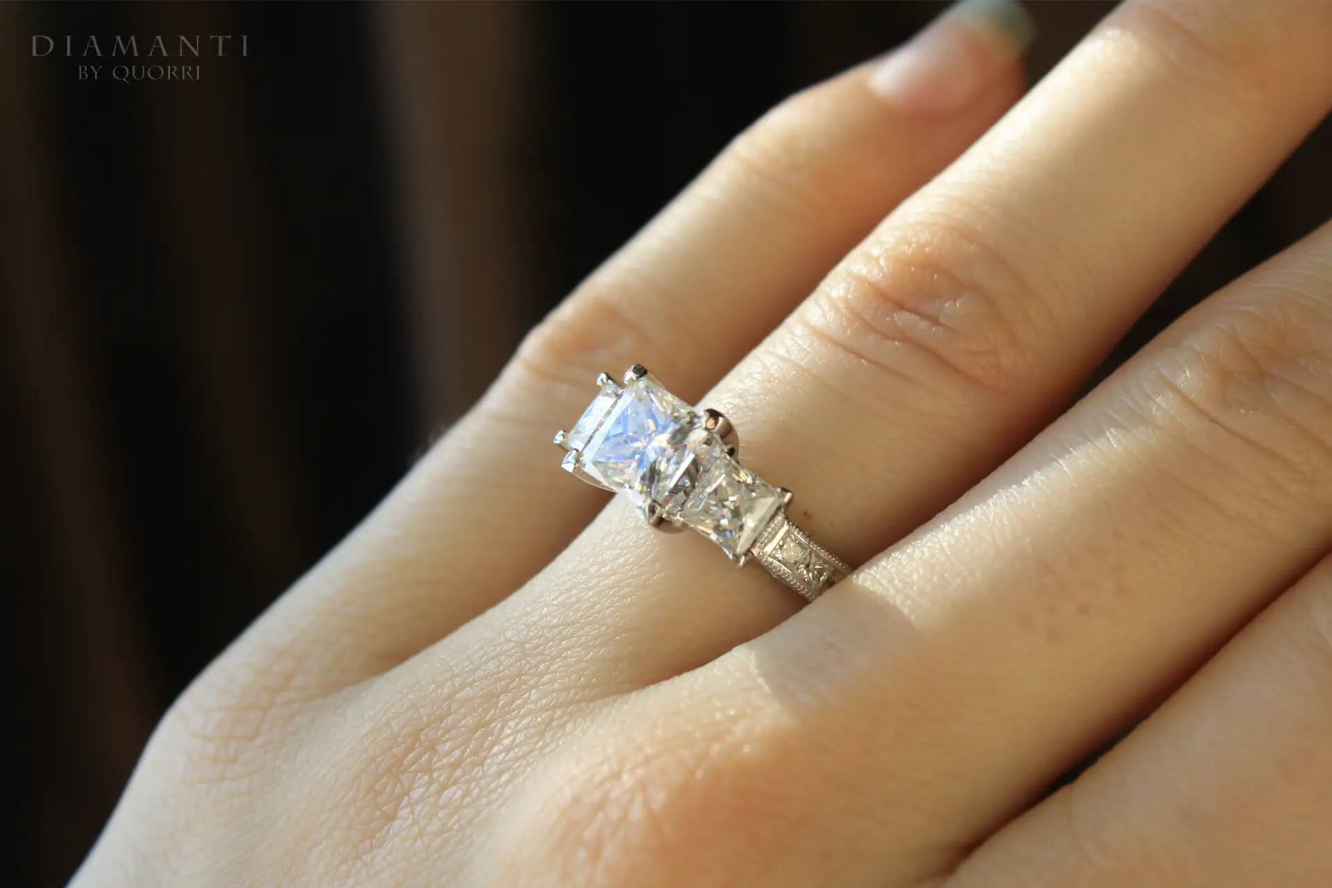 affordable vintage accented three stone 1.5 carat white gold princess lab diamond engagement ring Quorri