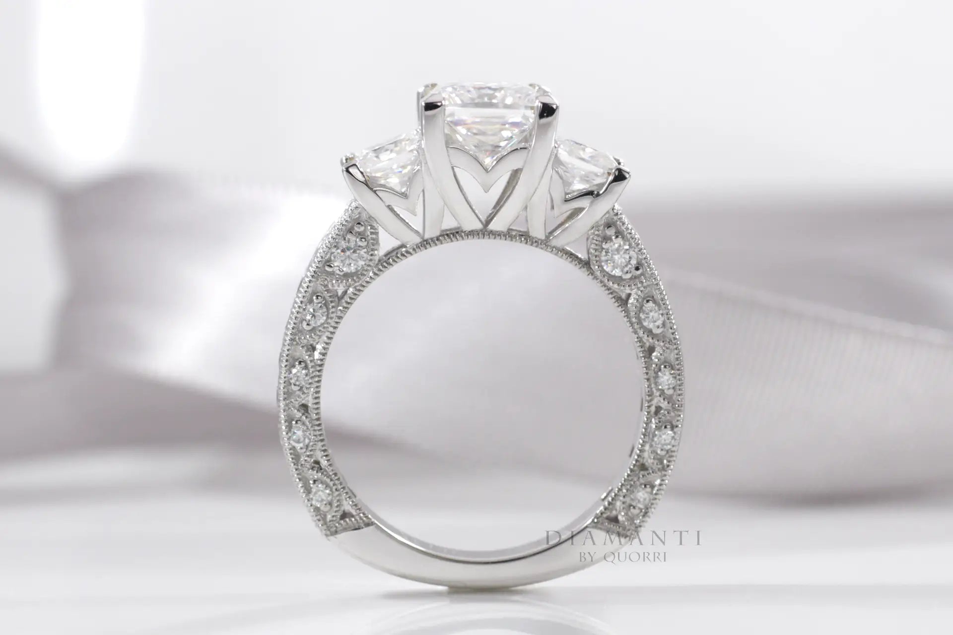 18k white gold 2 carat accented three stone princess lab diamond engagement ring Quorri