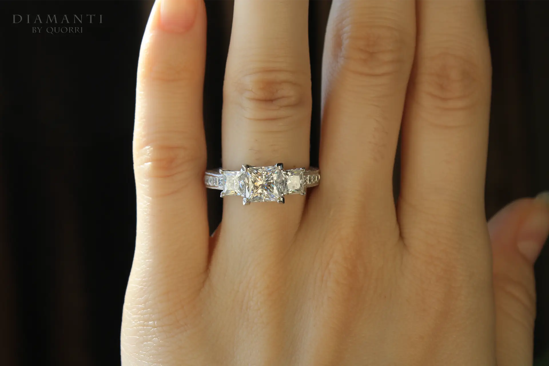 platinum vintage accented three stone 2.5 carat princess lab diamond engagement ring Quorri