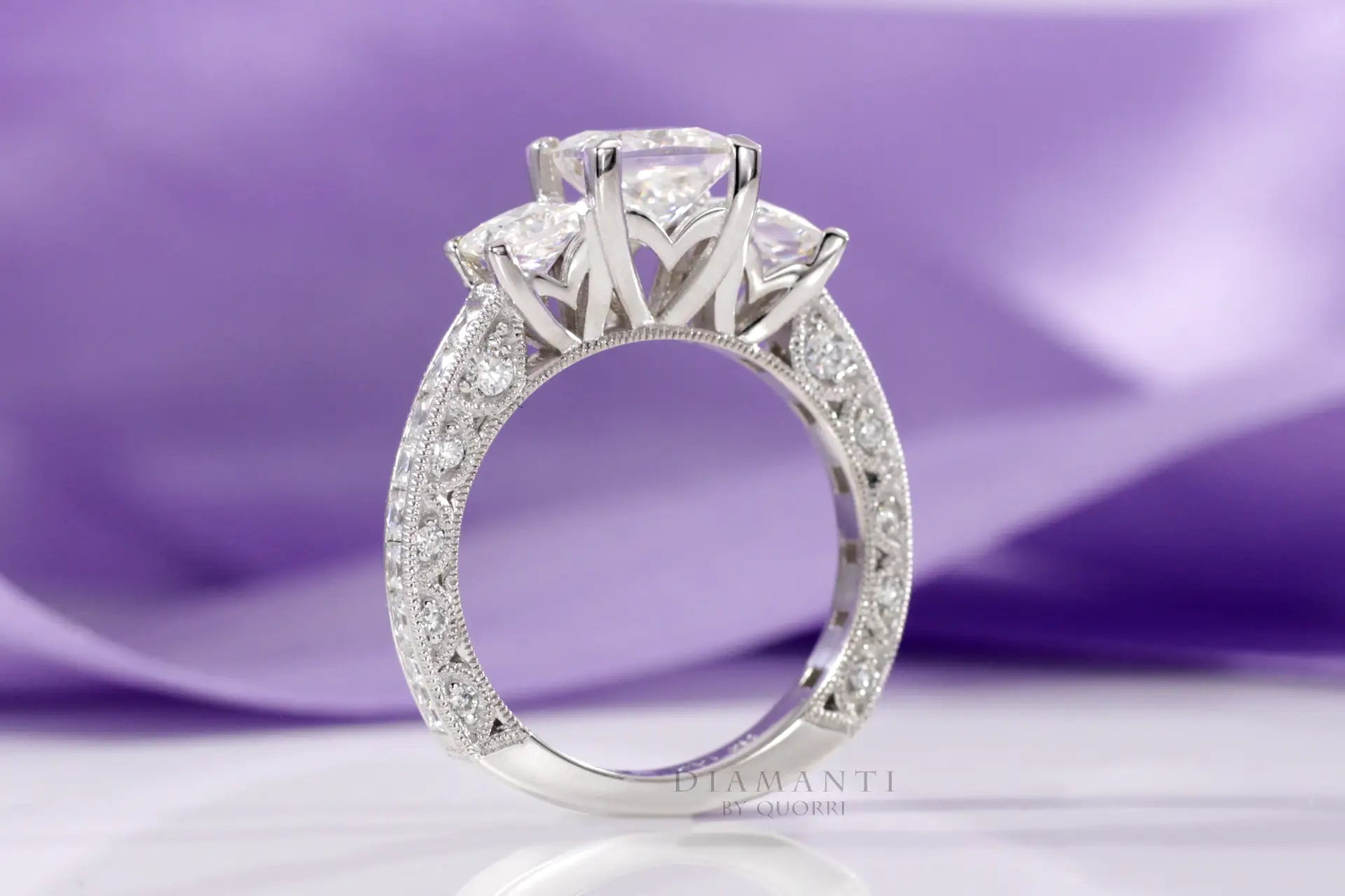 white gold accented three stone 1.5 carat princess lab made diamond engagement ring Quorri