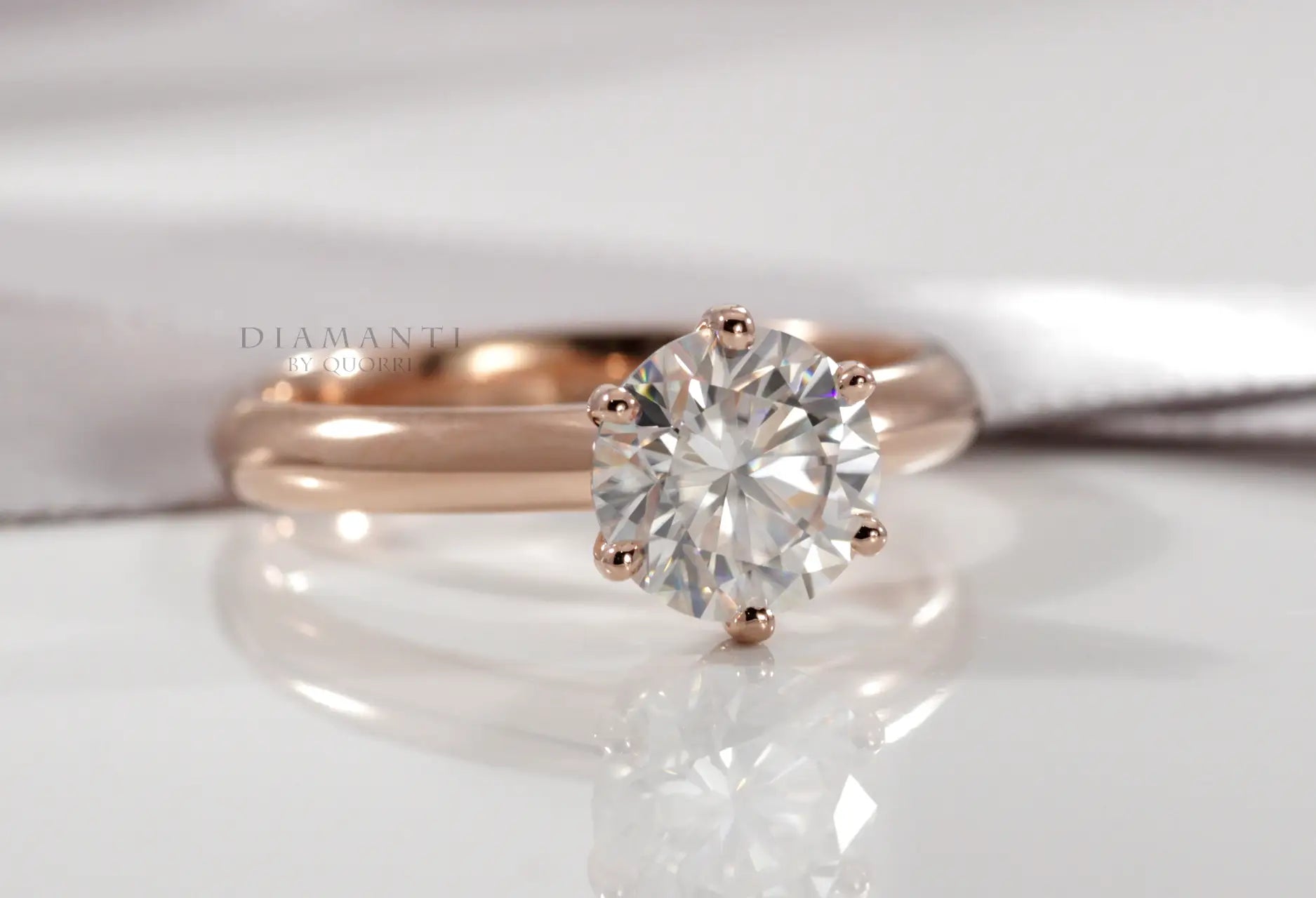 rose gold six prong tiffany inspired round lab grown diamond solitaire engagement ring