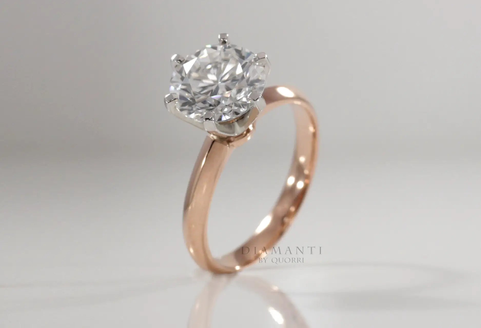 two-tone rose gold six prong tiffany inspired round lab diamond solitaire engagement ring