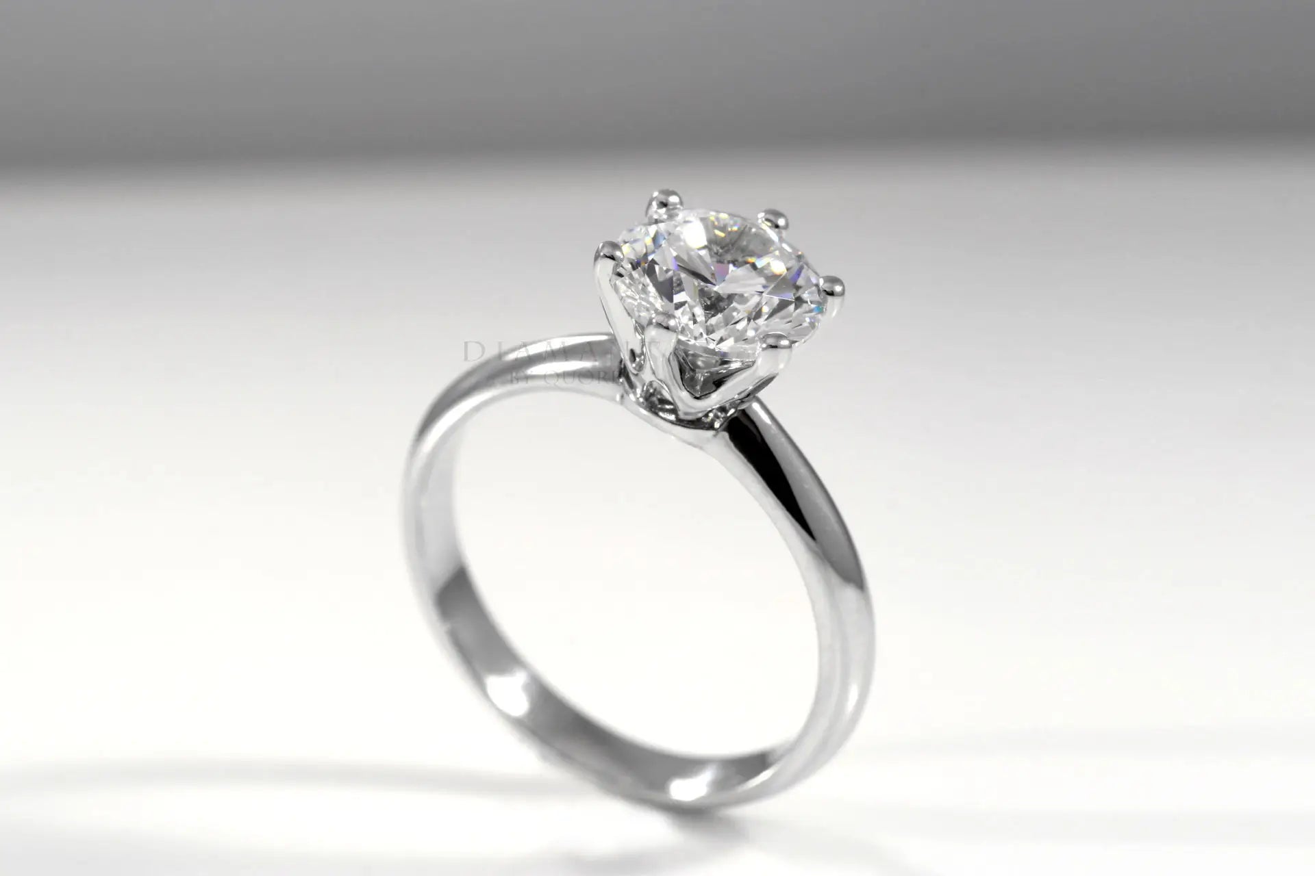 18k white gold six prong tiffany inspired round lab grown diamond solitaire engagement ring