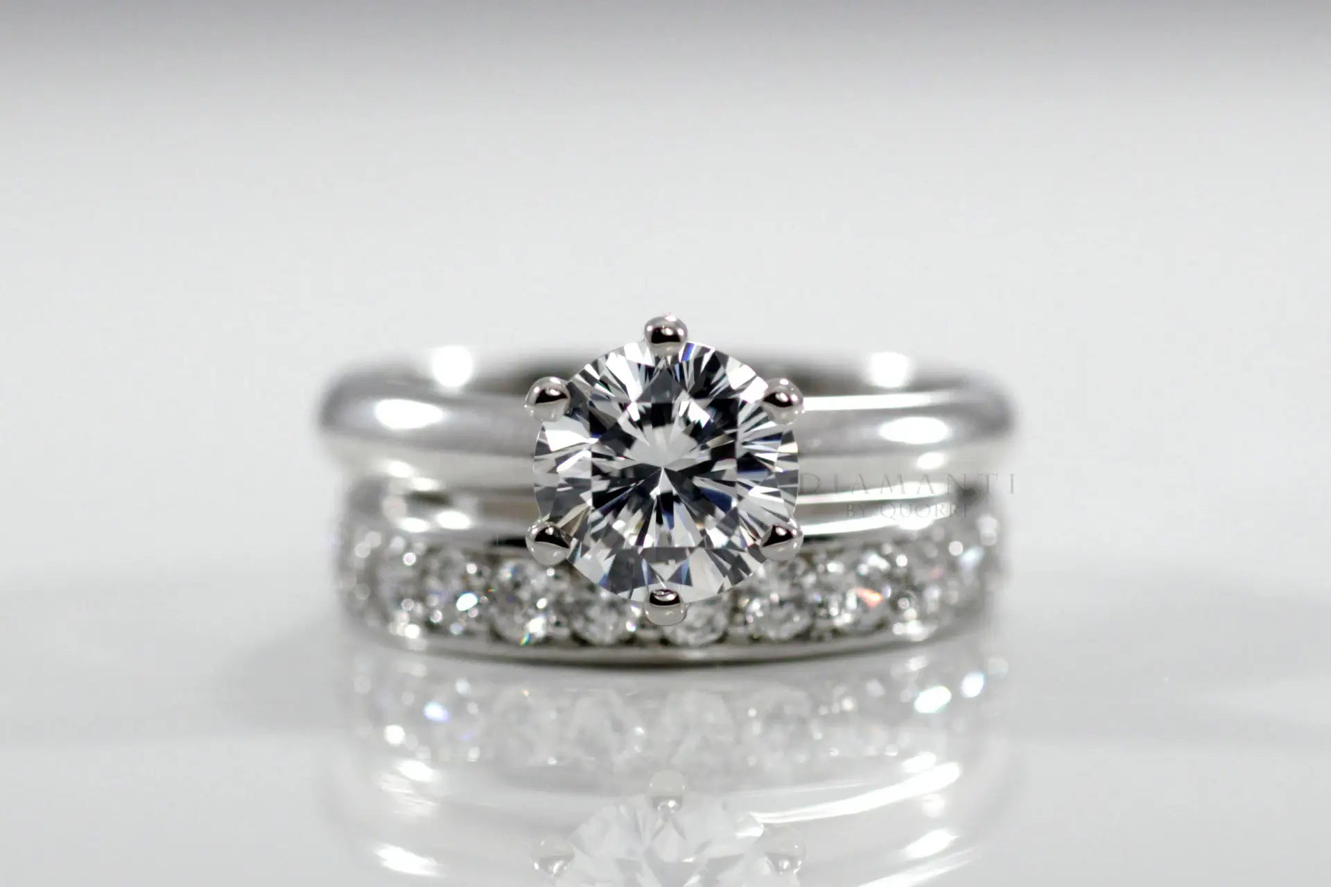six prong tiffany inspired round lab diamond solitaire engagement ring and wedding band