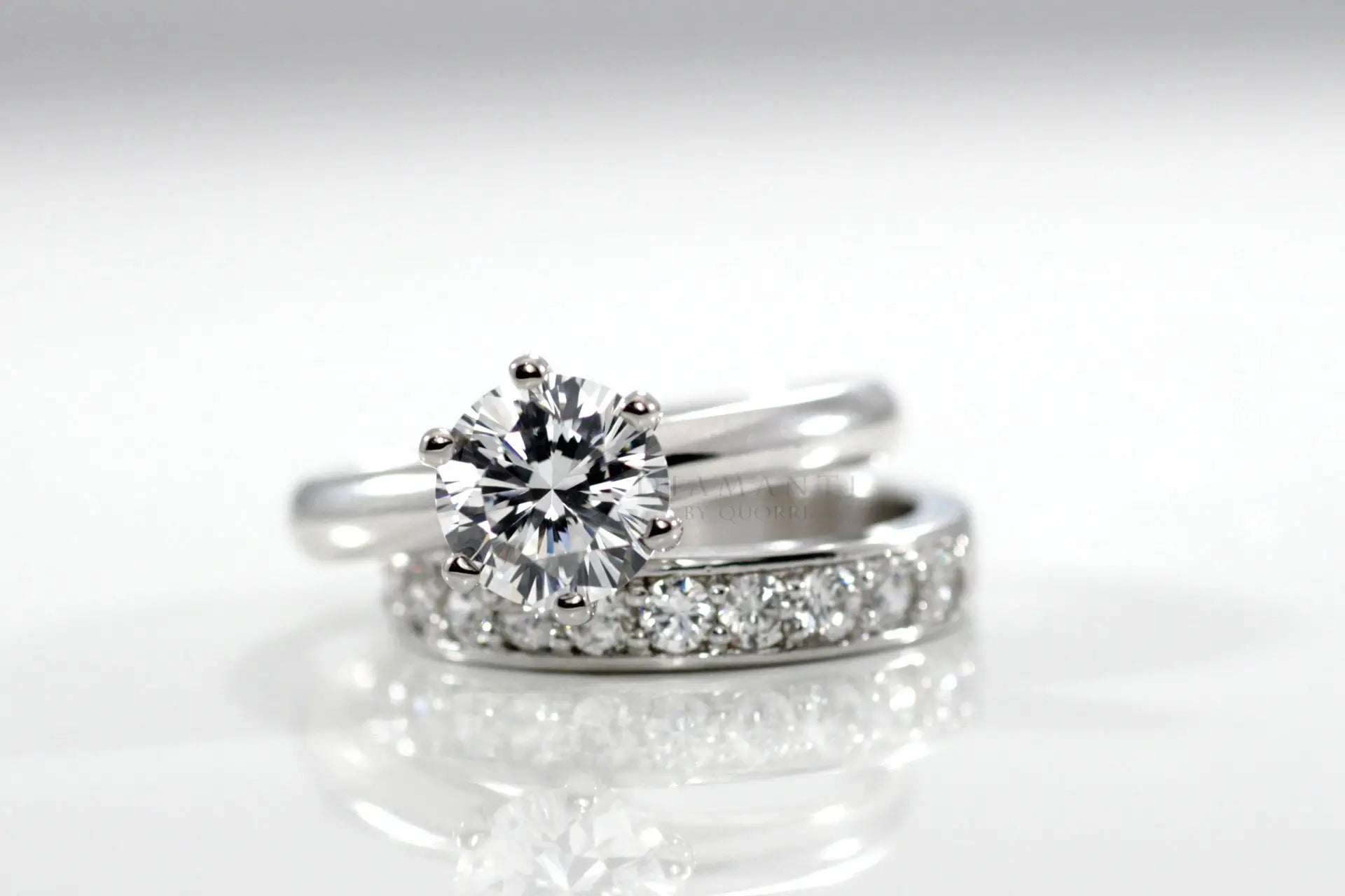 gold and platinum six prong tiffany inspired round lab diamond solitaire engagement ring set