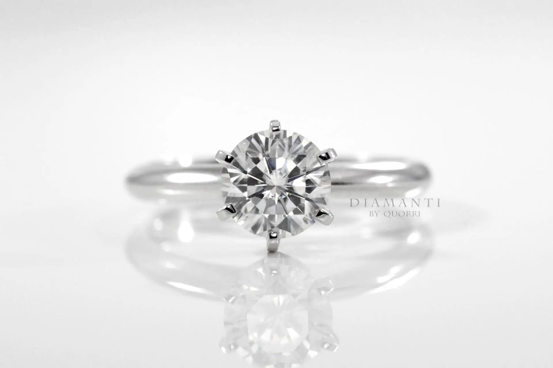 gold and platinum six prong tiffany inspired round lab diamond solitaire engagement ring