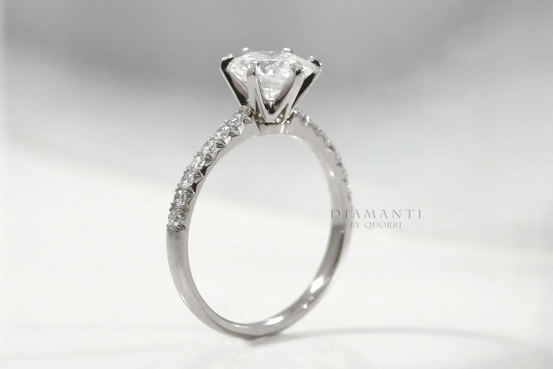 six prong accented 14k white gold 1.5 carat round lab diamond engagement ring Quorri