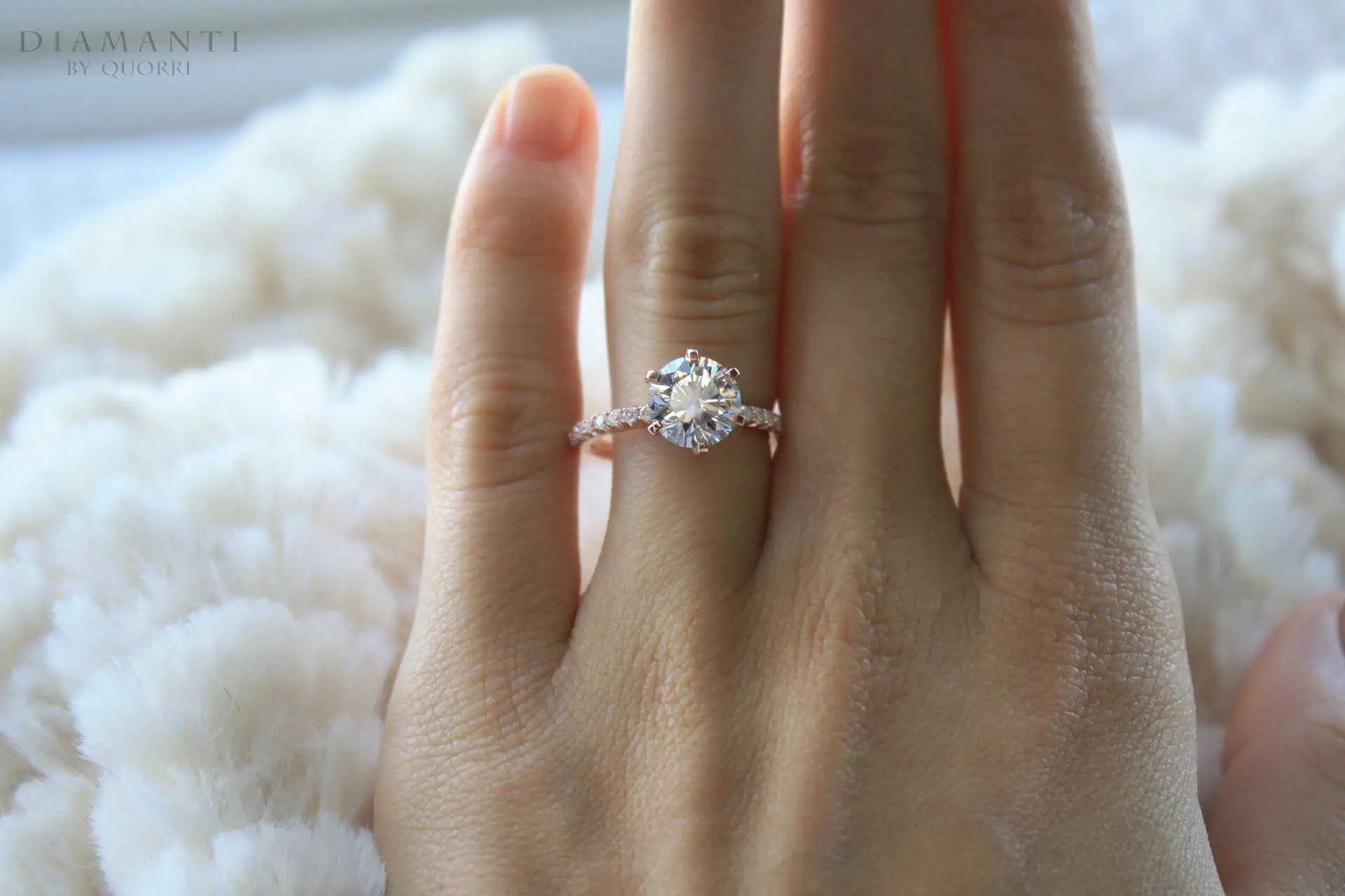 six prong accented 18k rose gold 2.25 carat round lab created diamond engagement ring Quorri