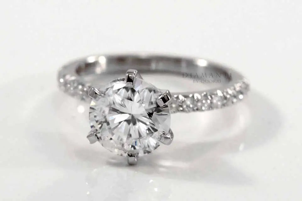 six prong accented round lab diamond engagement ring Quorri