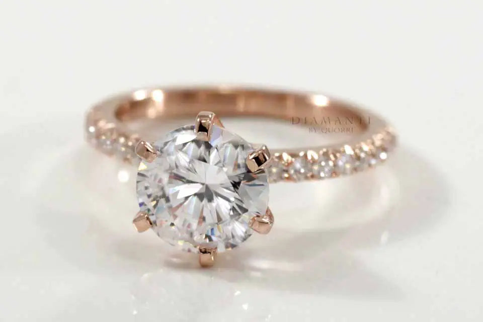 six prong accented rose gold 2 carat round lab diamond engagement ring Quorri