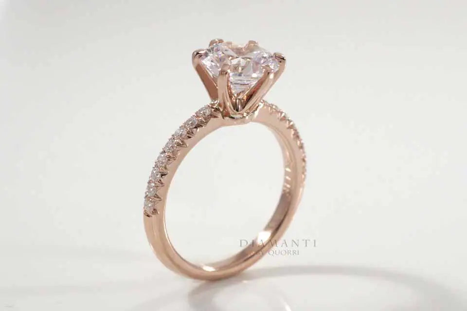 six prong accented rose gold 2.5 carat round lab grown diamond engagement ring Quorri
