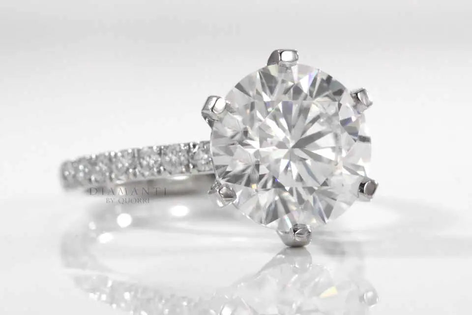 six prong accented 18k white gold 3 carat round lab diamond engagement ring Quorri