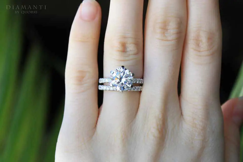 six prong accented 2 carat platinum round lab diamond engagement ring and band set Quorri