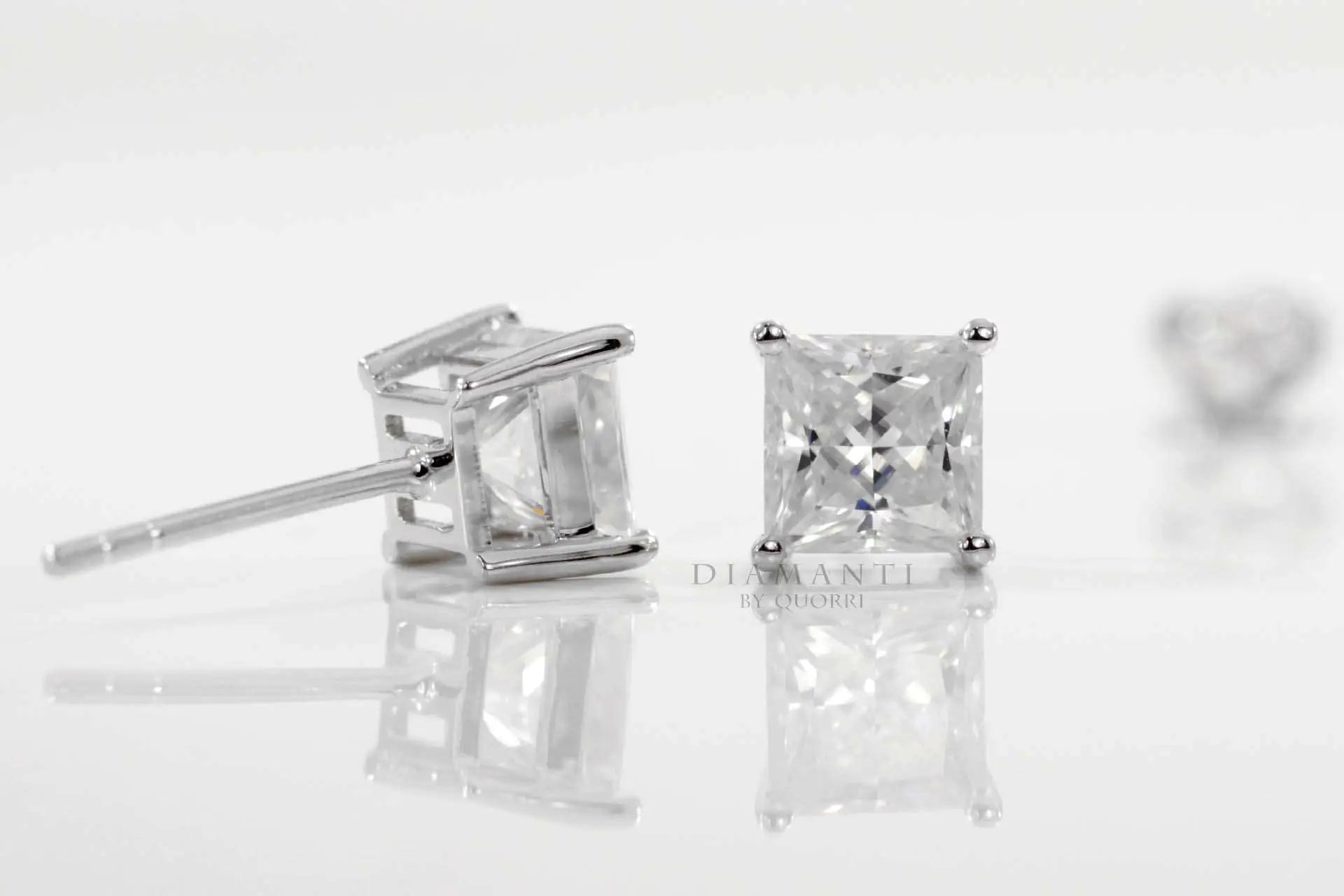 14k whtie gold designer princess lab diamond stud earrings Quorri