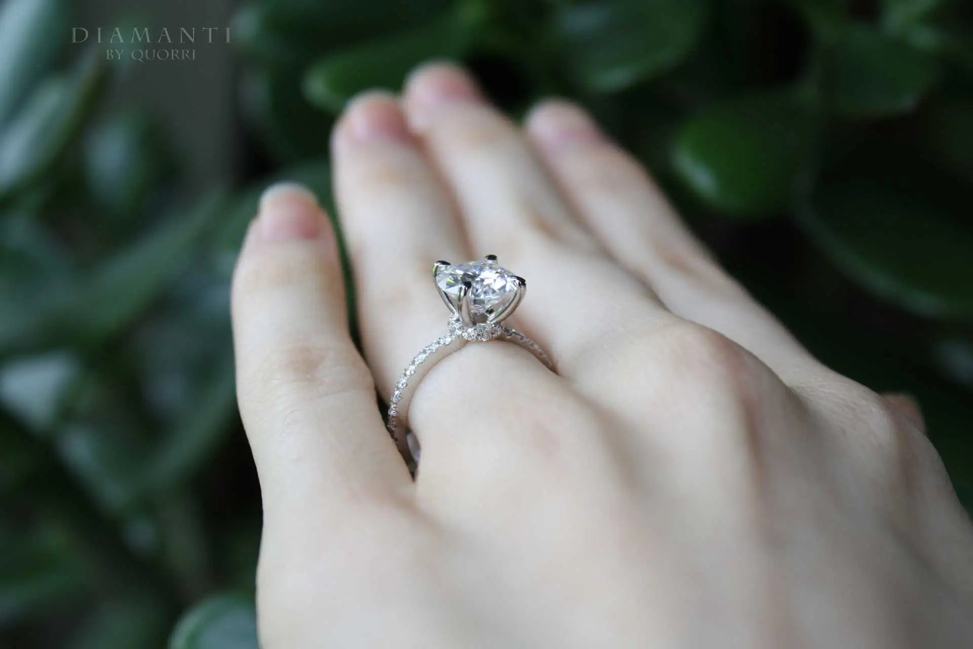 2 carat round lab grown diamond hidden halo accented engagement ring Quorri