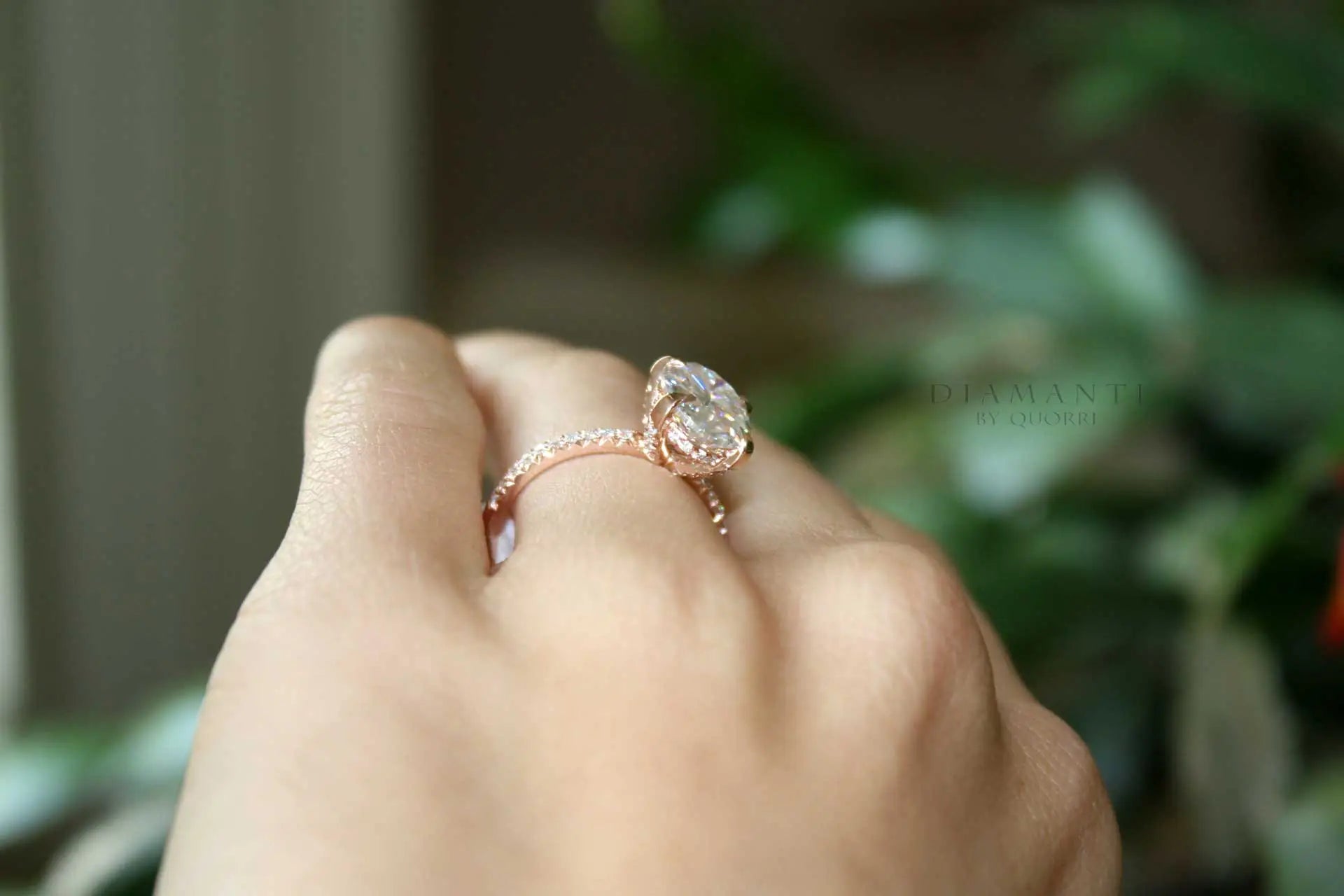 14k rose gold accented claw prong and under-halo 2ct round lab diamond engagement ring Quorri