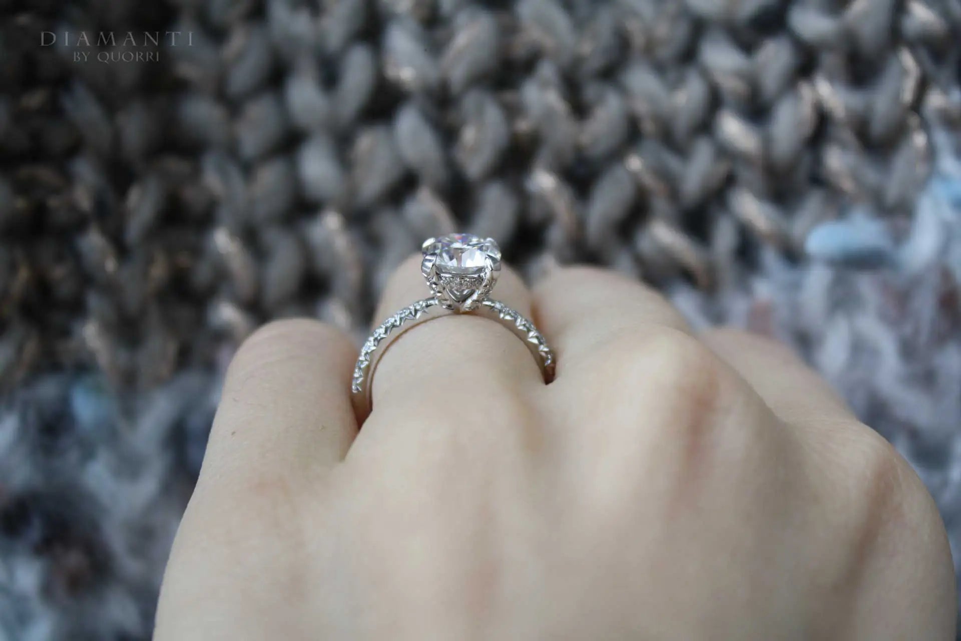 accented claw prong and under-halo 1 carat round lab made diamond engagement ring Quorri Canada