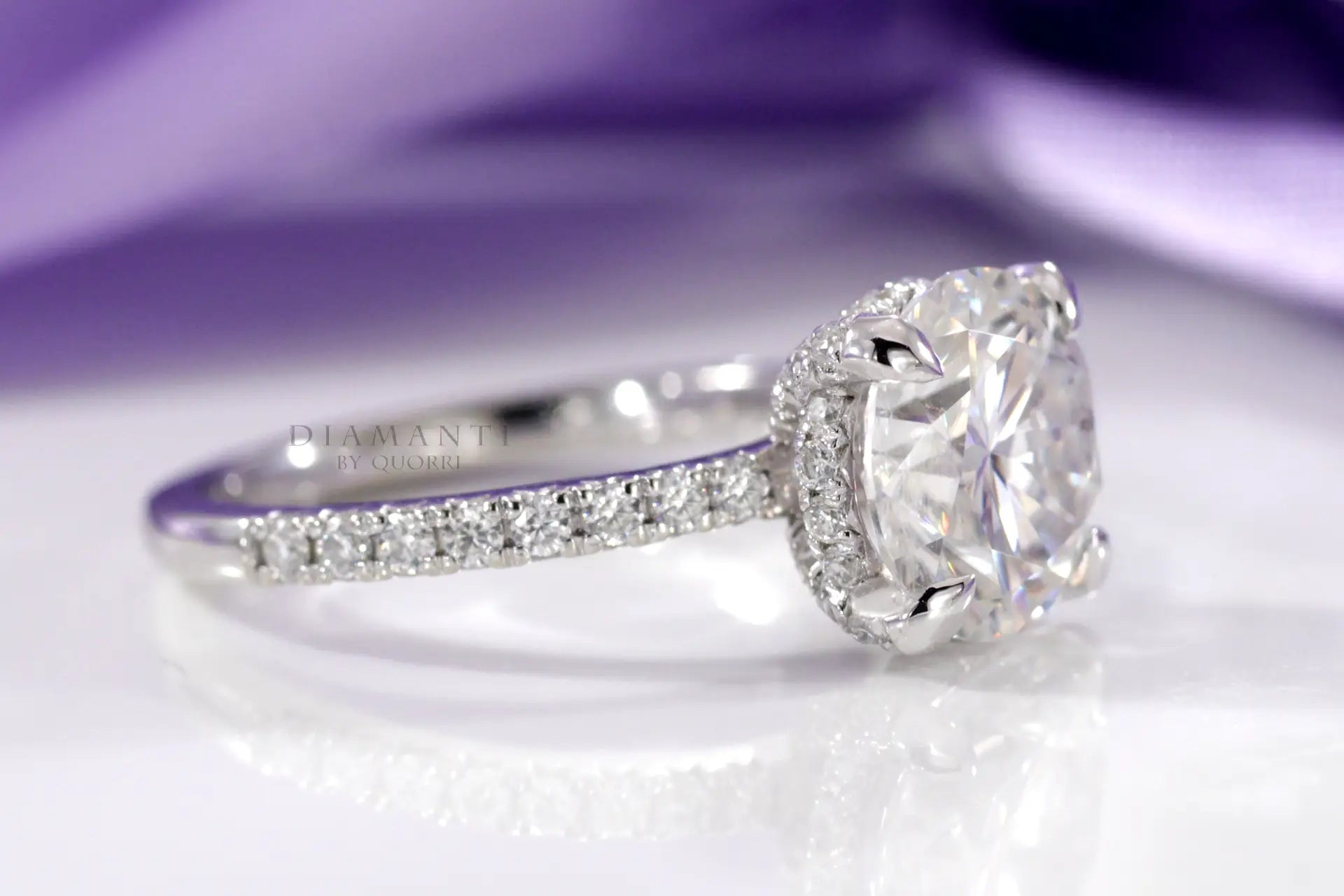 accented claw prong and under-halo round lab diamond engagement ring