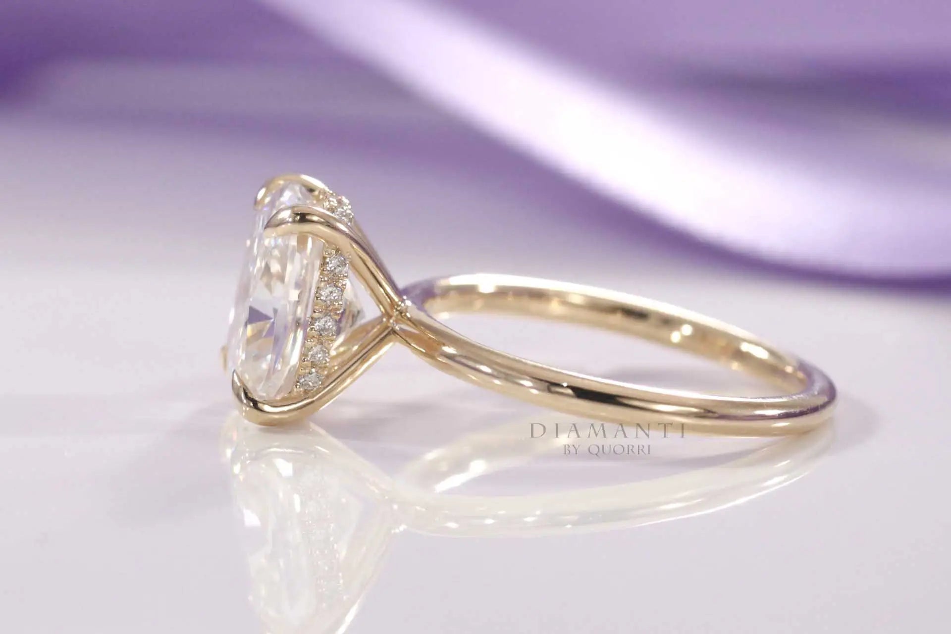 claw prong under-halo gold elongated cushion lab created diamond engagement ring Quorri 