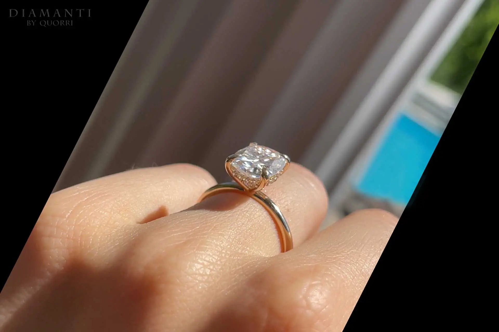 4 carat 18k Yellow Gold claw prong under halo elongated cushion lab grown diamond engagement ring Quorri