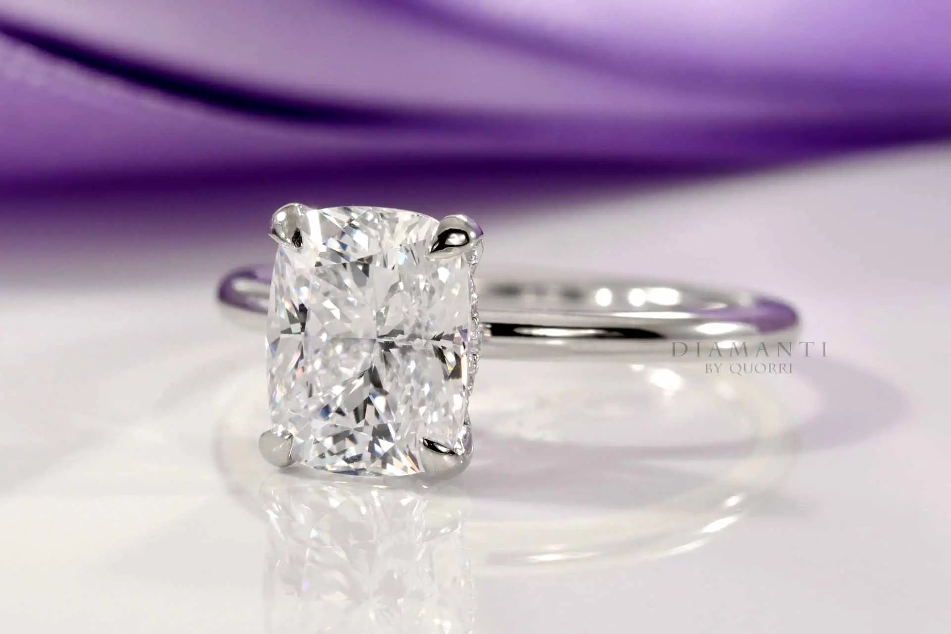 4 carat platinum claw prong under-halo elongated cushion lab grown diamond engagement ring Quorri 