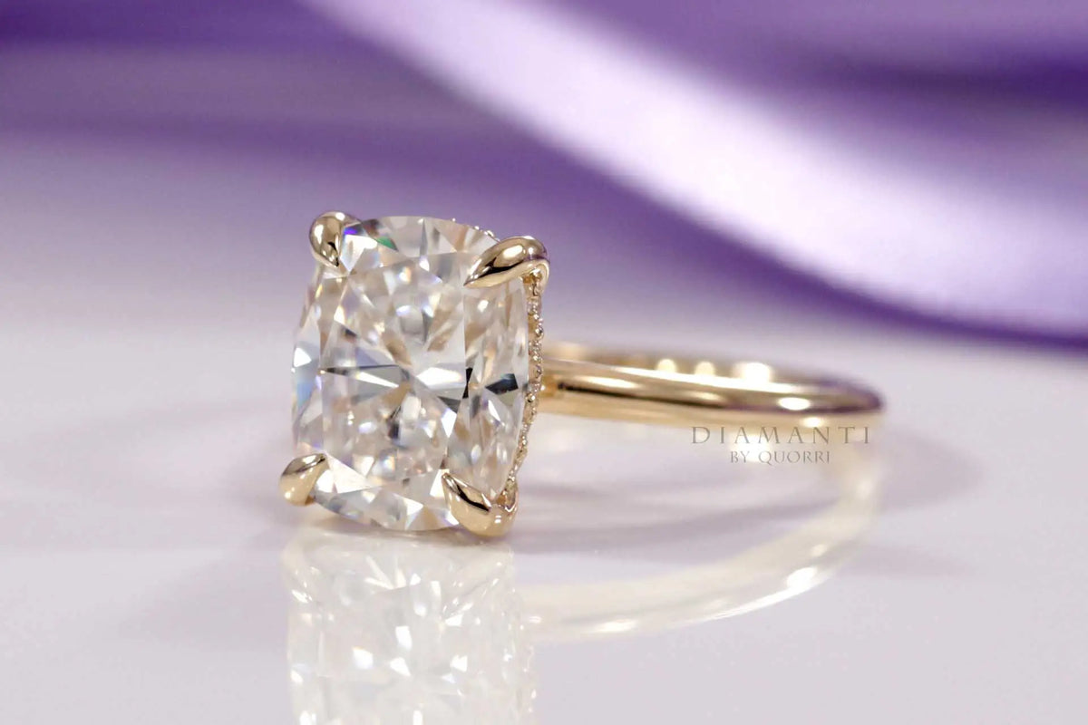 2.5 carat claw prong under-halo elongated cushion lab diamond engagement ring Quorri 