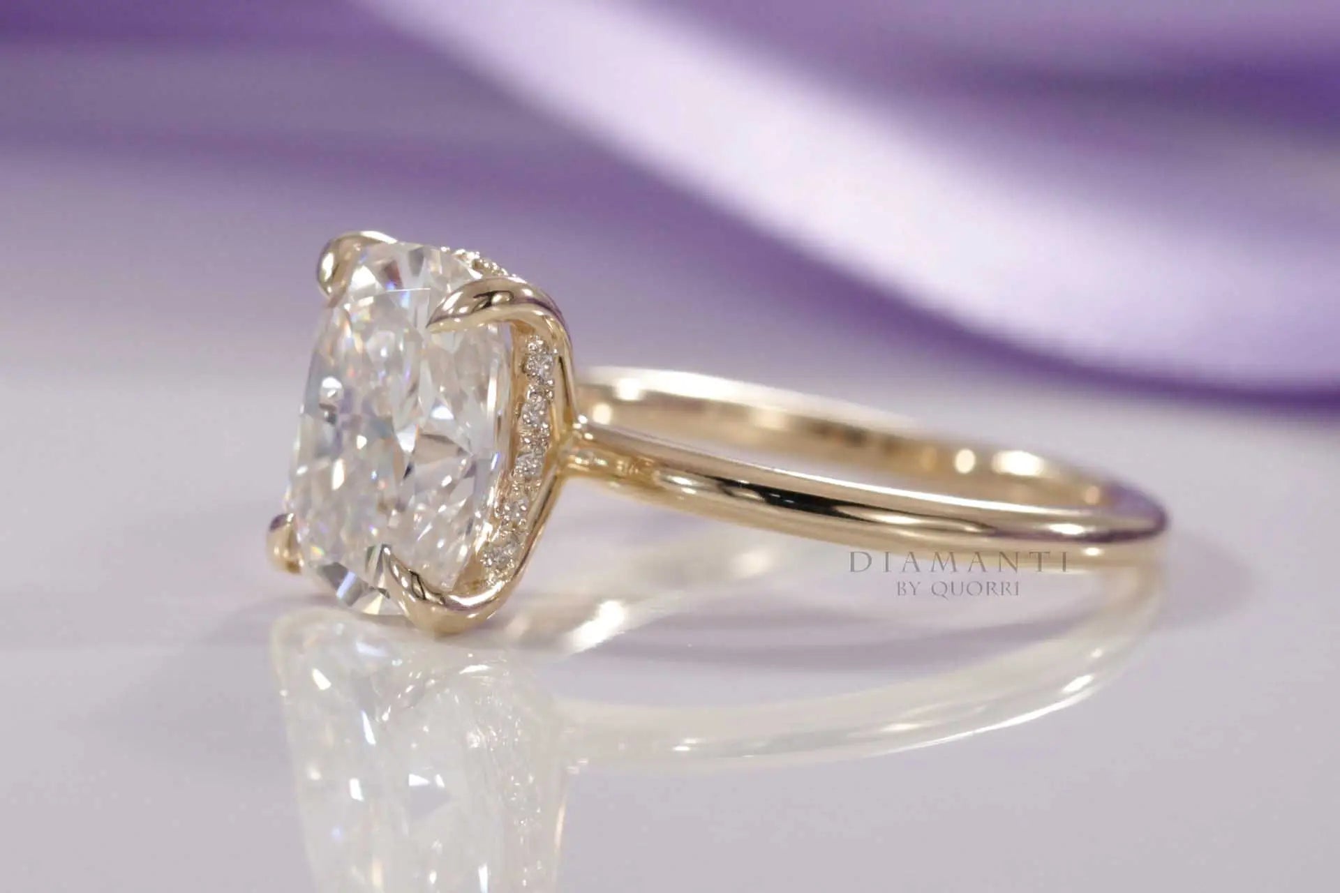 claw prong under-halo 18k yellow gold elongated cushion lab diamond engagement ring Quorri 
