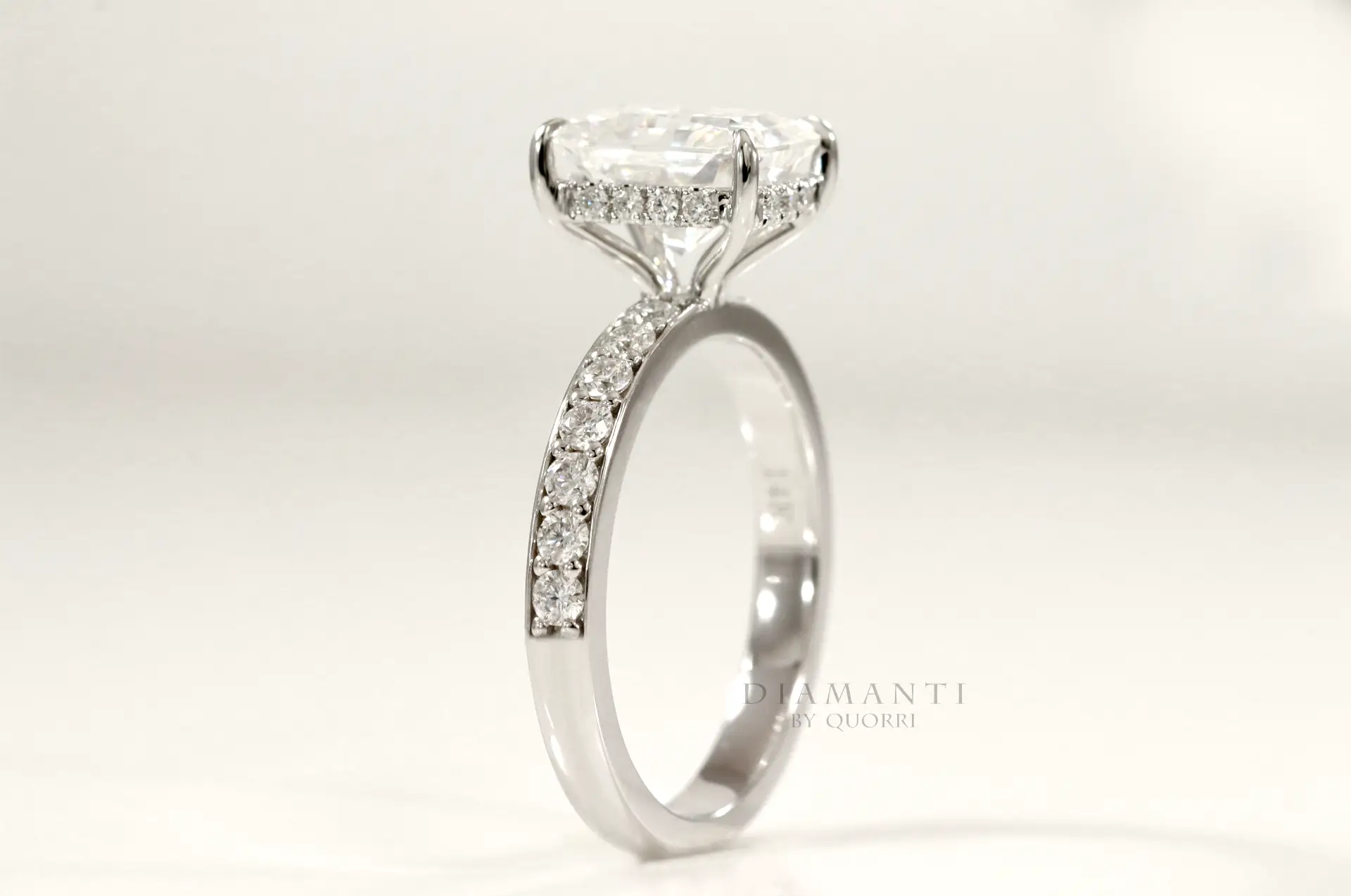 4 carat platinum accented claw prong under-halo radiant lab diamond engagement ring Quorri