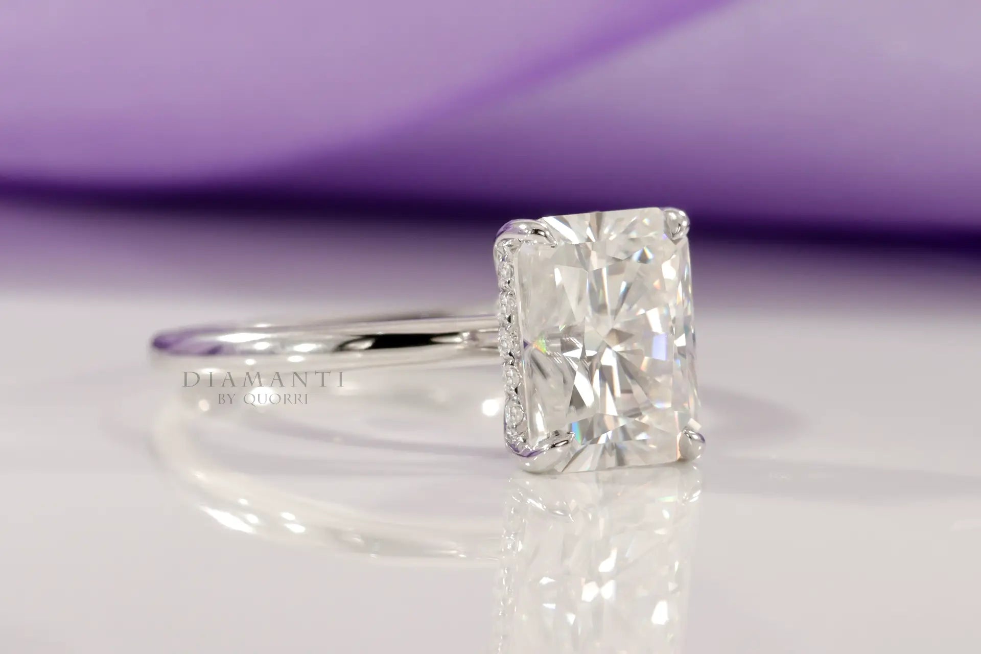 white gold 2.5ct radiant cut under-halo lab grown diamond engagement ring