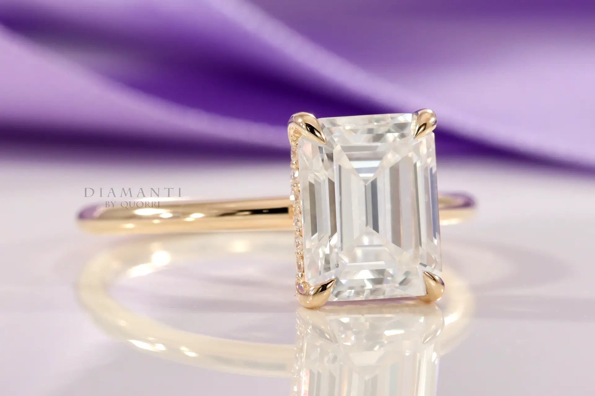 yellow gold 3ct radiant cut under-halo lab grown diamond engagement ring