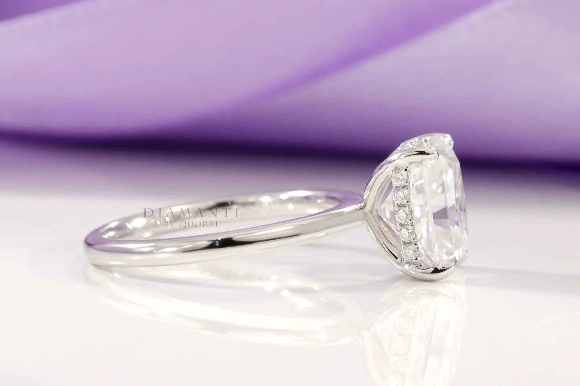 platinum 2ct radiant cut under-halo lab grown diamond engagement ring