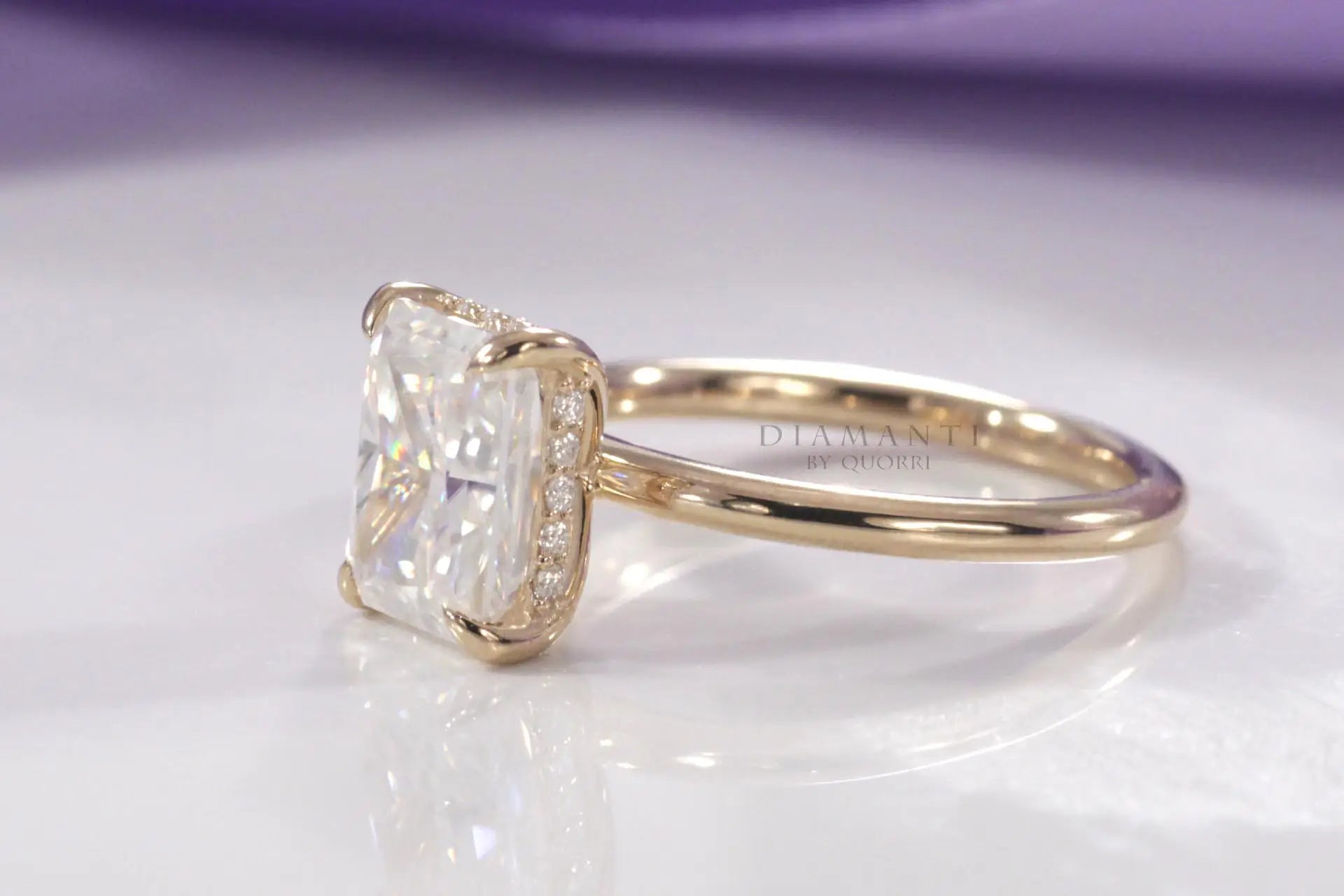 18k yellow gold 2.5ct radiant cut under-halo lab grown diamond engagement ring