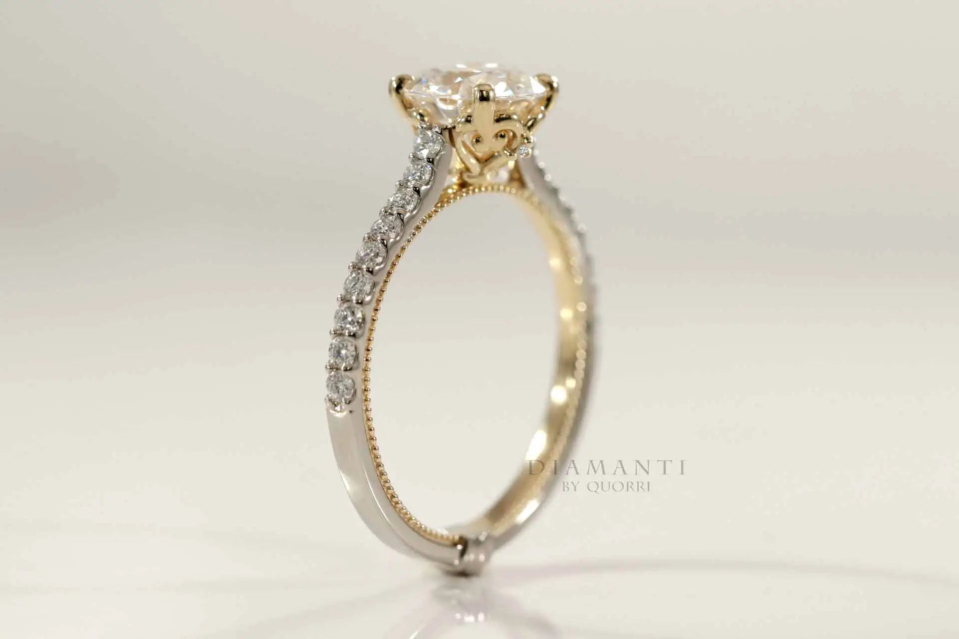 two-tone vintage accented round lab diamond engagement ring Quorri