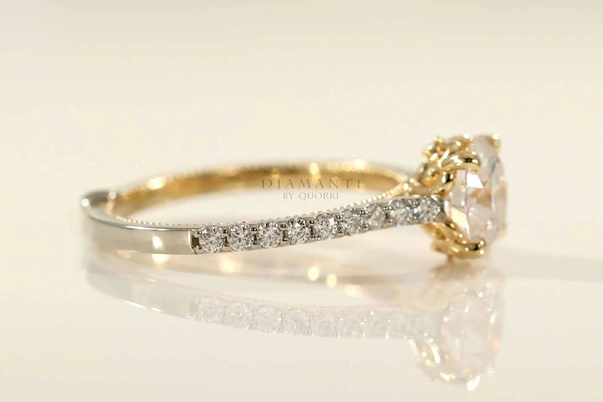 3 carat two-tone vintage accented round lab diamond engagement ring Quorri Canada